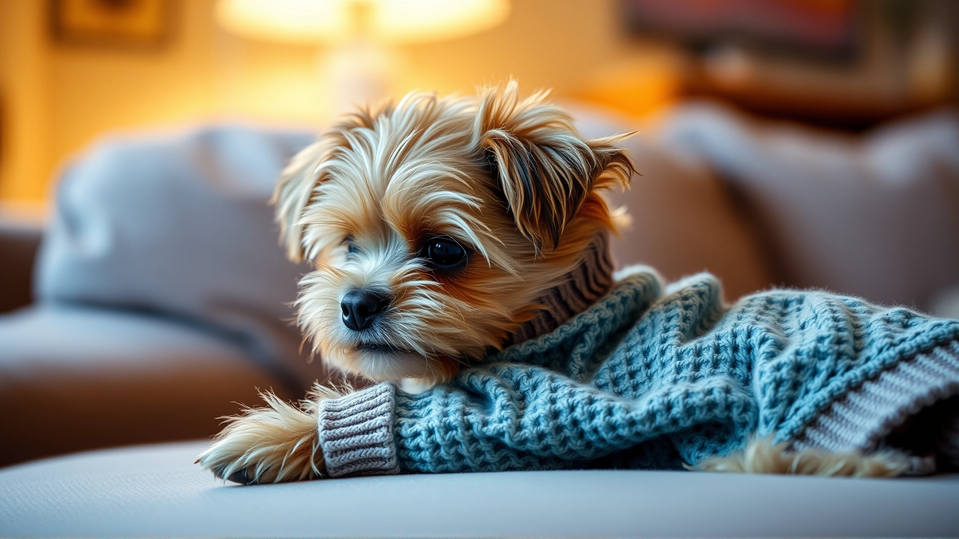 Small short-haired dog wearing a cozy sweater, slightly curled up and shivering on a couch, soft indoor lighting