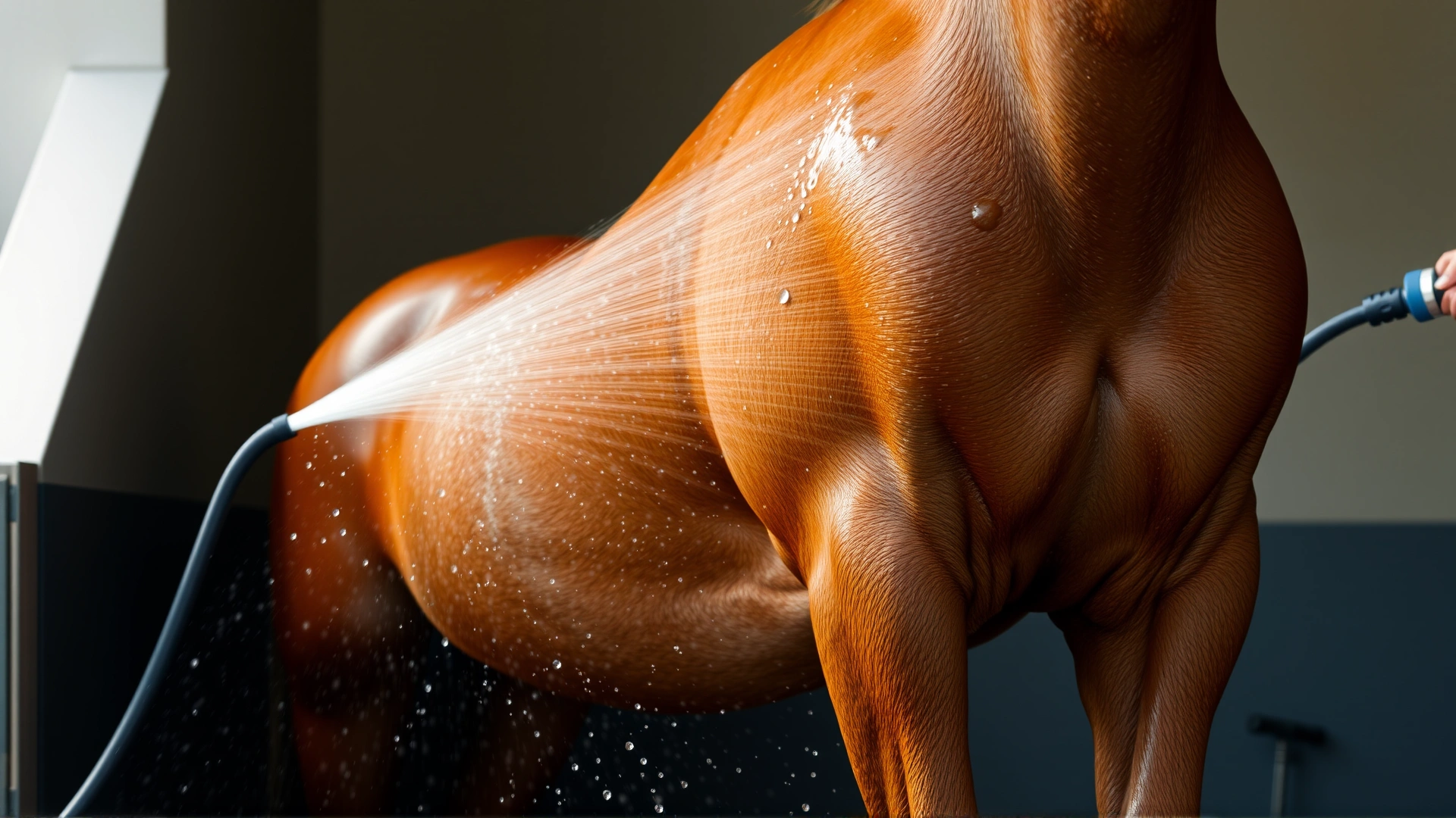 Horse standing in a wash rack while its hind leg is being sprayed with cold water from a hose, water droplets clearly visible