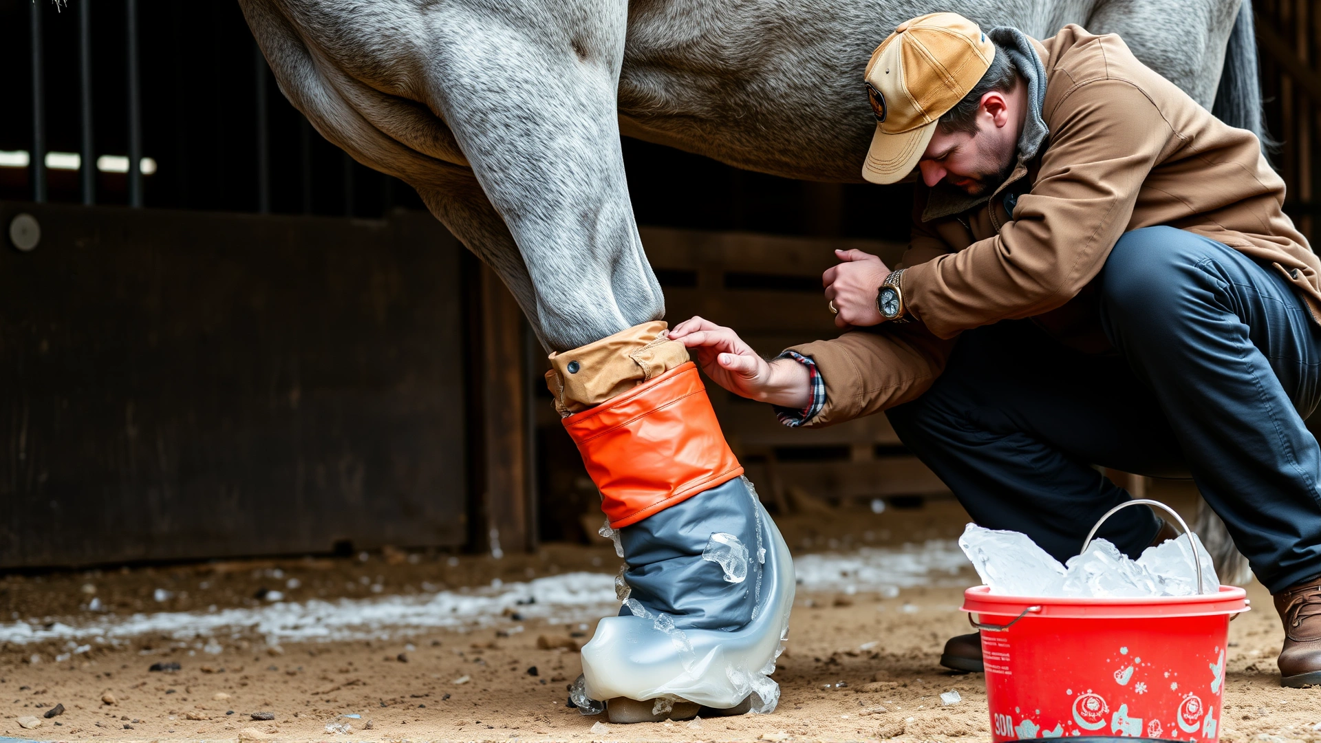 Stable worker applying an ice boot to a grey horse's hind leg, bucket of ice water nearby, barn setting