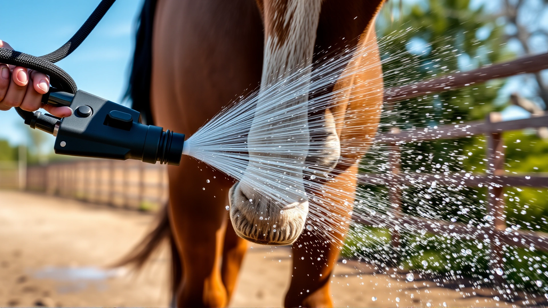 Close-up of a handler hosing a horse's lower leg with cold water, visible droplets, sunny day