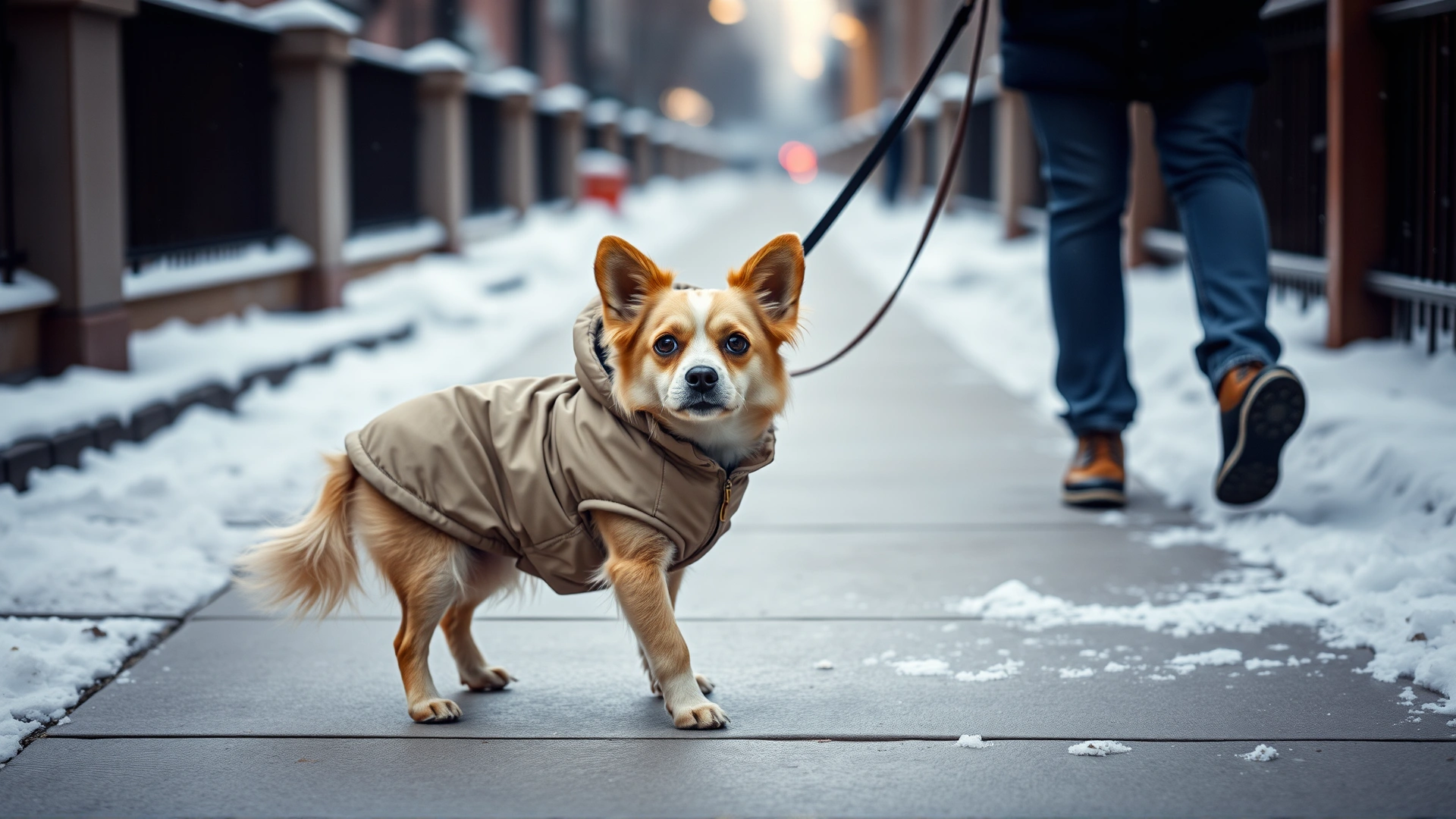 Small dog wearing a warm winter coat walking on a snowy sidewalk, owner visible from waist down holding leash.