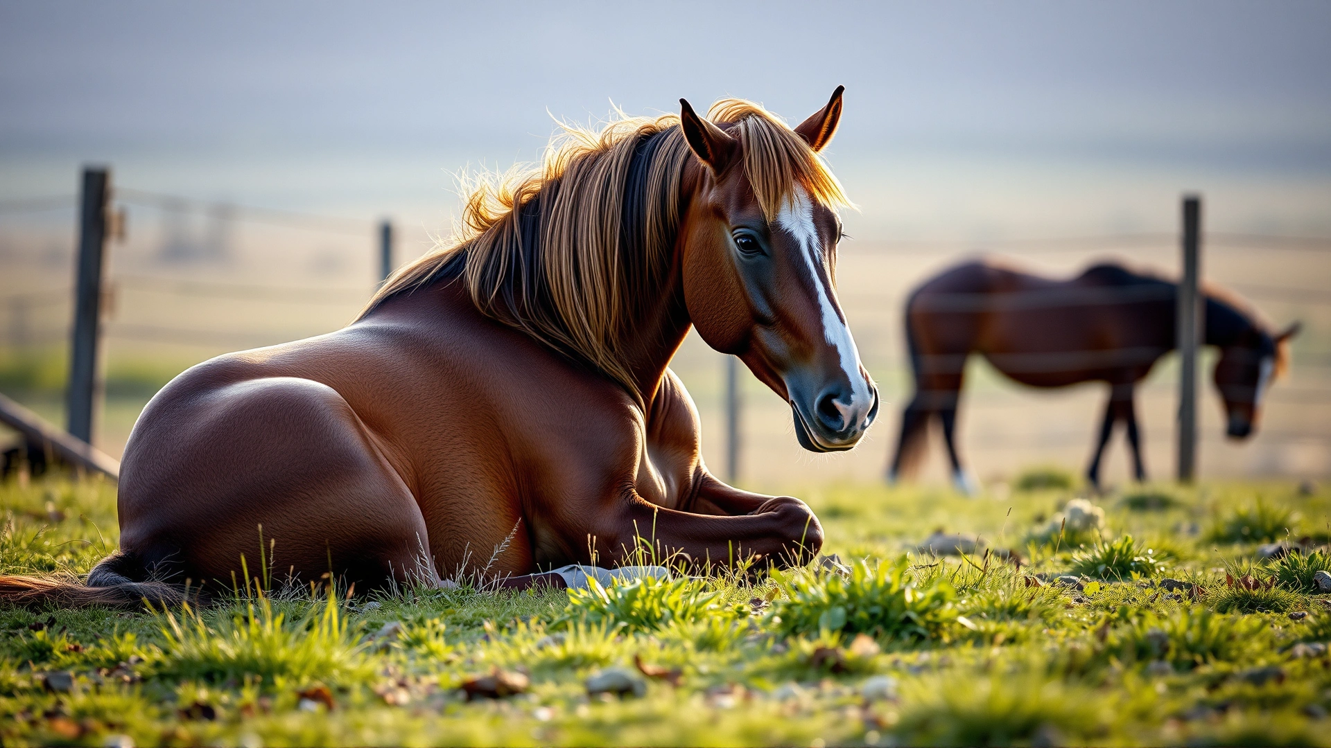 Horse showing signs of abdominal discomfort in a pasture, lying down and looking at its flank, soft afternoon light
