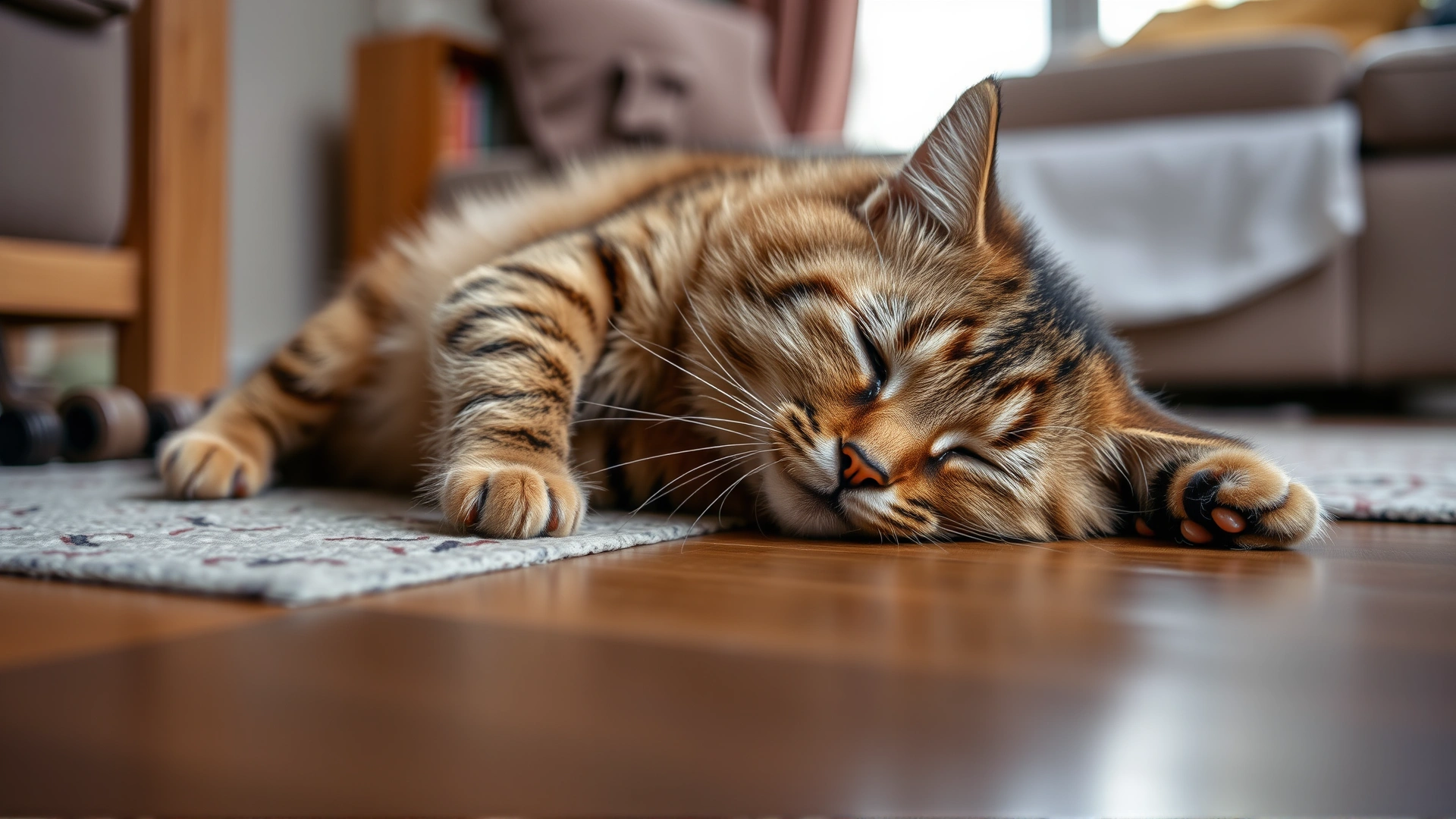 Domestic short-haired cat lying on its side appearing weak and collapsed on living room floor