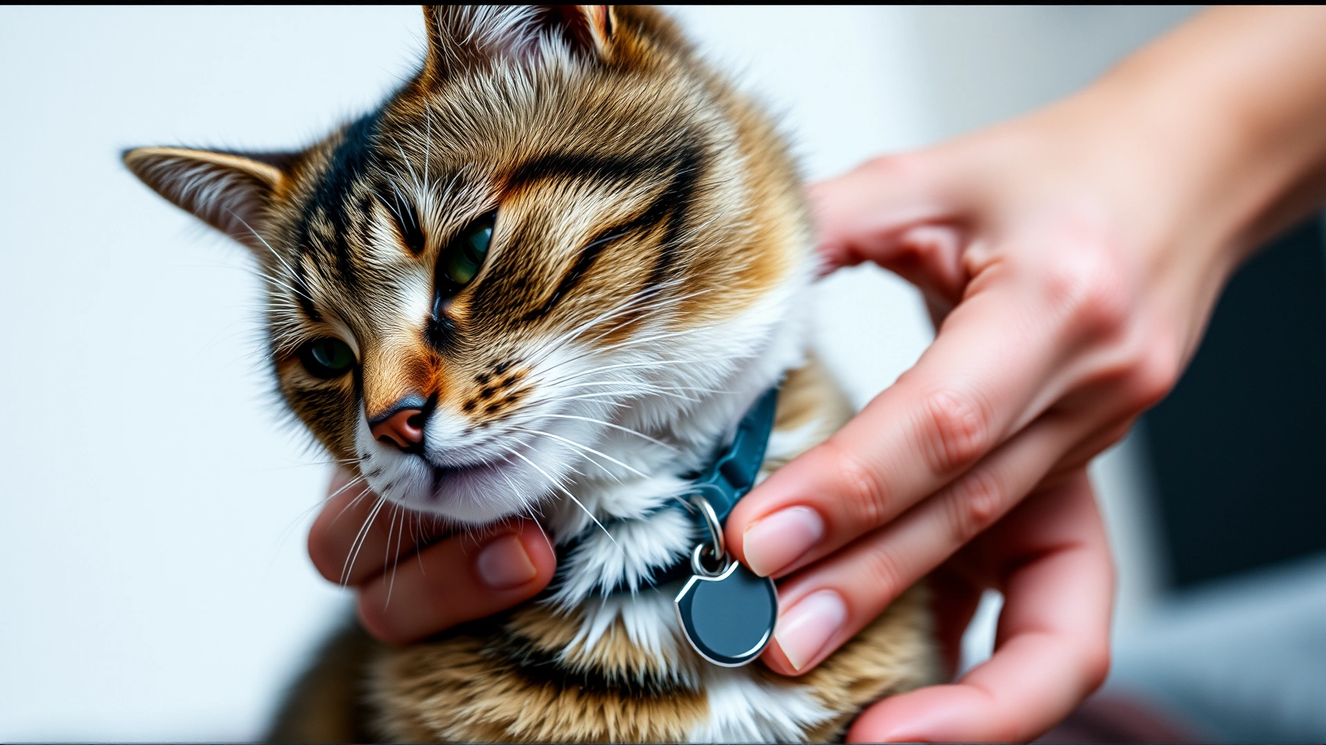 Close-up of human hands gently checking a cat’s neck for a collar and ID tag, neutral indoor background
