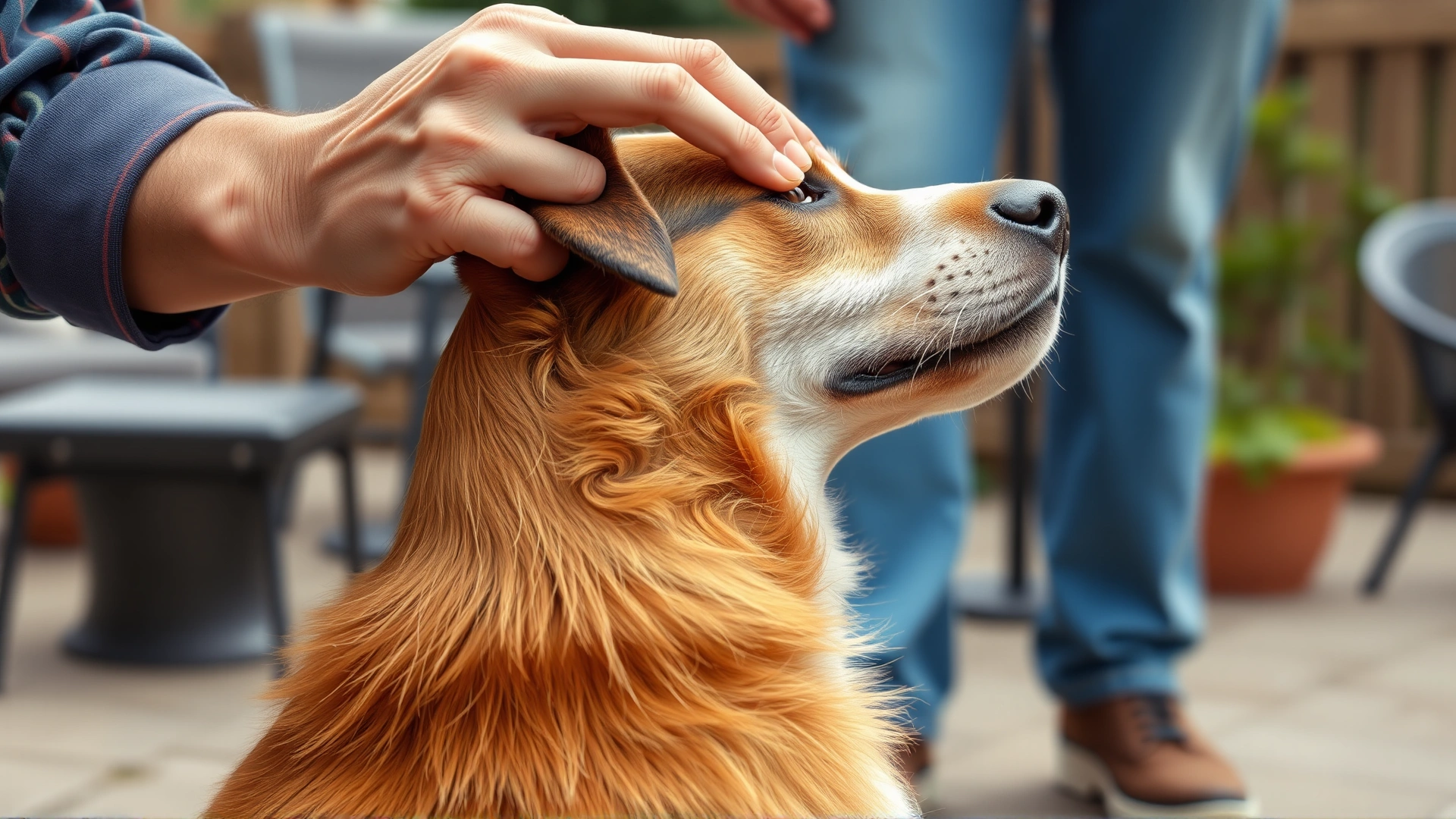 Medium shot of a dog having its collar lifted by an owner to examine the skin underneath for ticks, outdoor patio background