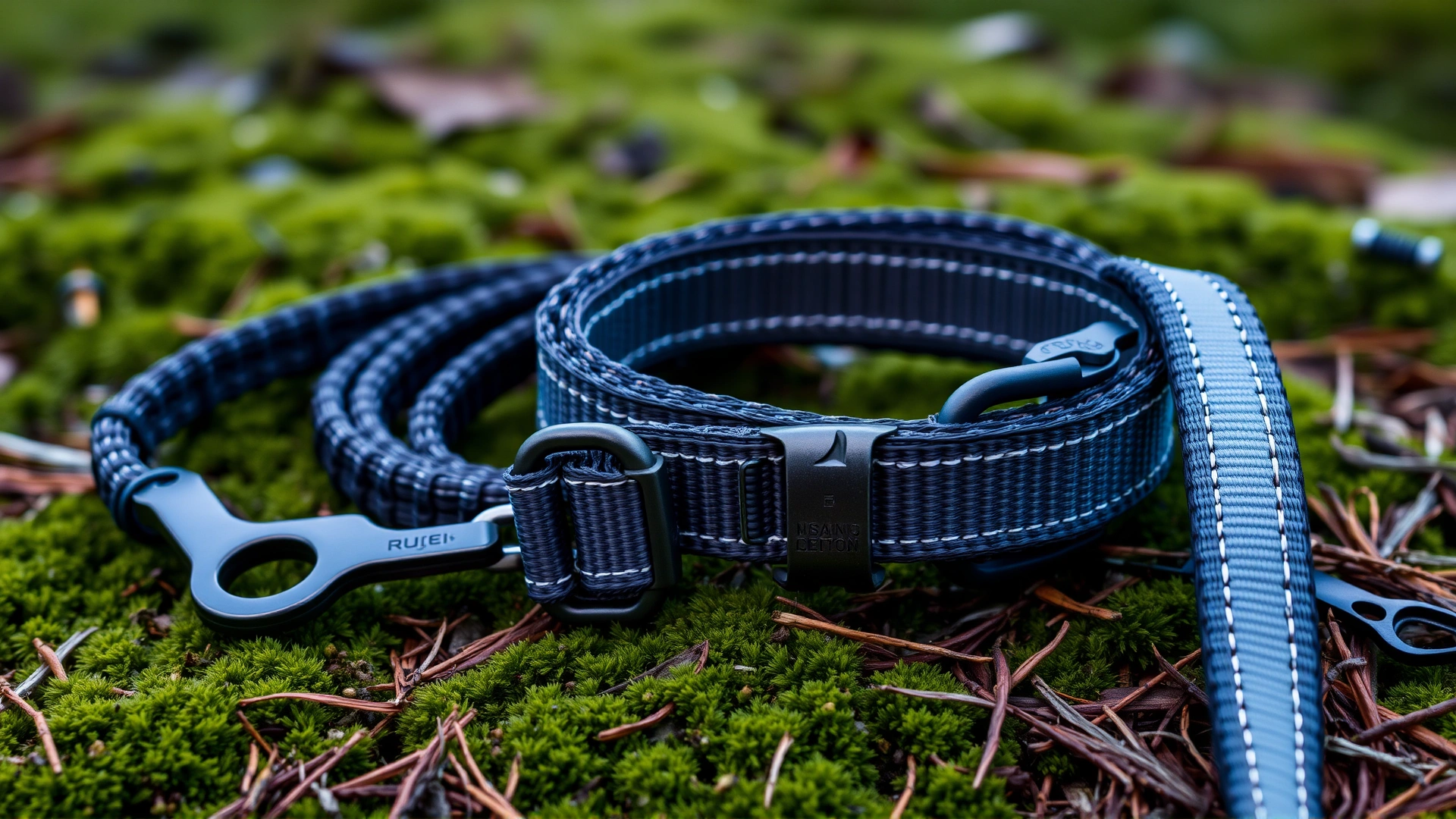 A rugged, reflective dog collar and adjustable leash set laid out on mossy ground with pine needles, showing durability and outdoor use.