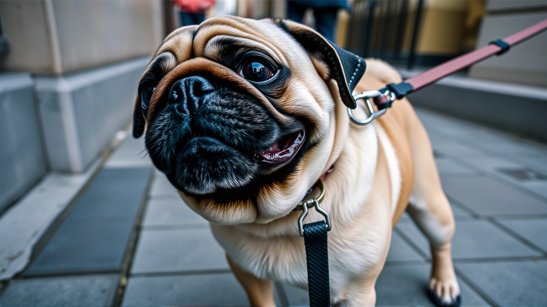 Close-up of a Pug pulling against a traditional neck collar, tension clearly visible on the leash, urban sidewalk backdrop.