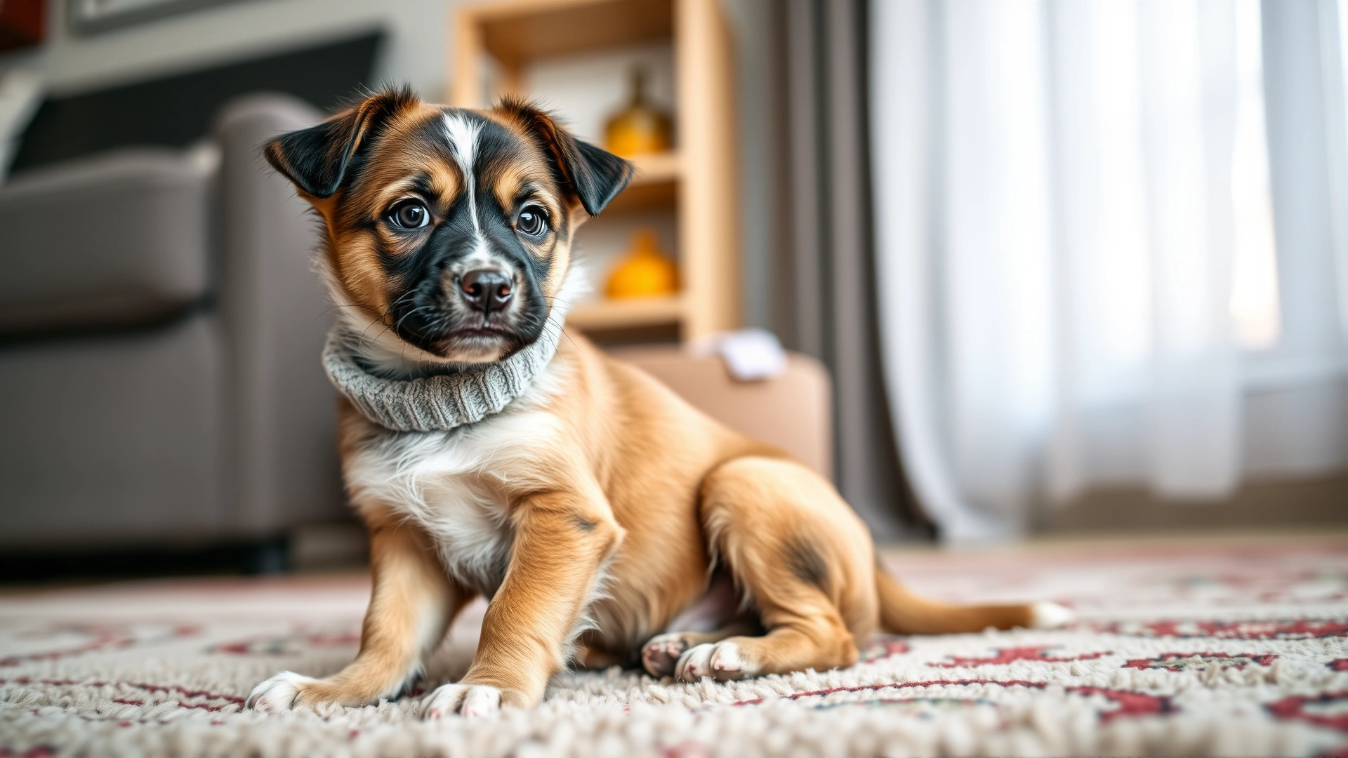 Adorable mixed-breed puppy wearing a light grey Seresto-style flea collar while sitting on a living-room rug