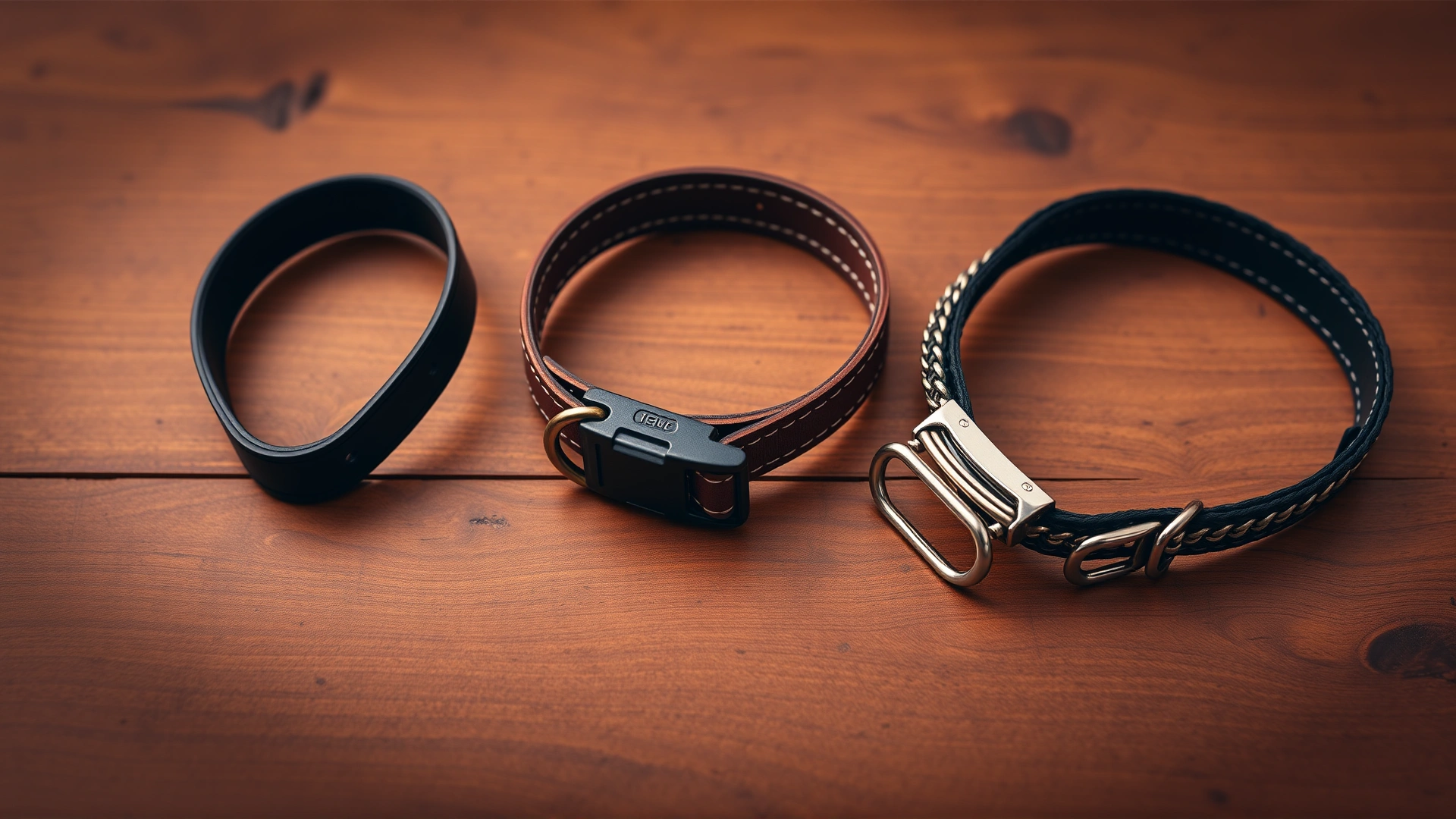 Flat lay of different dog collar types on a wooden table: flat collar, martingale collar, and metal training collar