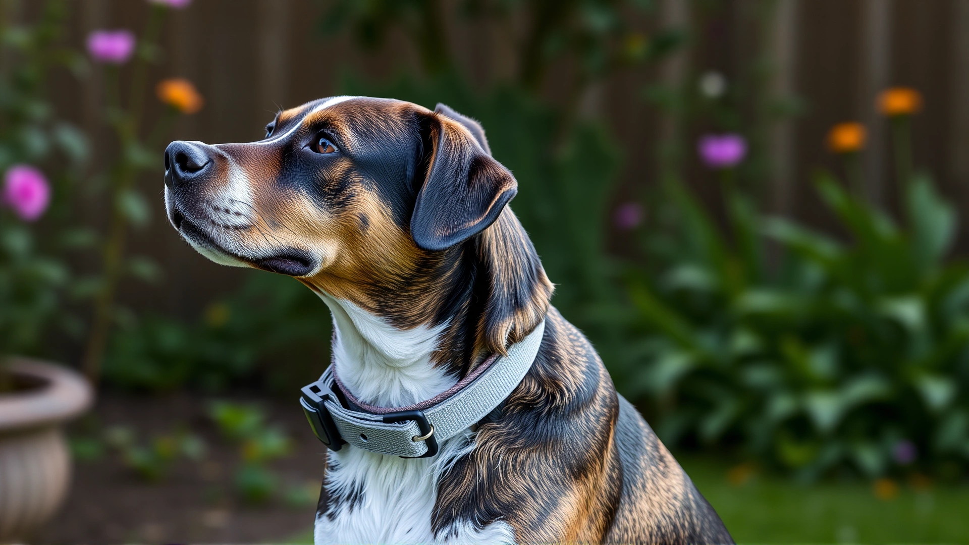 Dog wearing a gray flea-and-tick collar while sitting in a garden, collar in clear focus