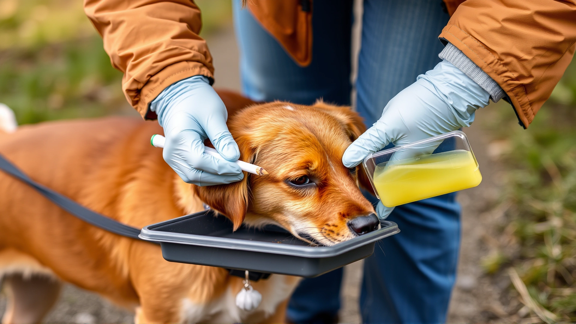 Pet owner wearing gloves collecting a dog's urine sample using a shallow plastic tray during a walk.