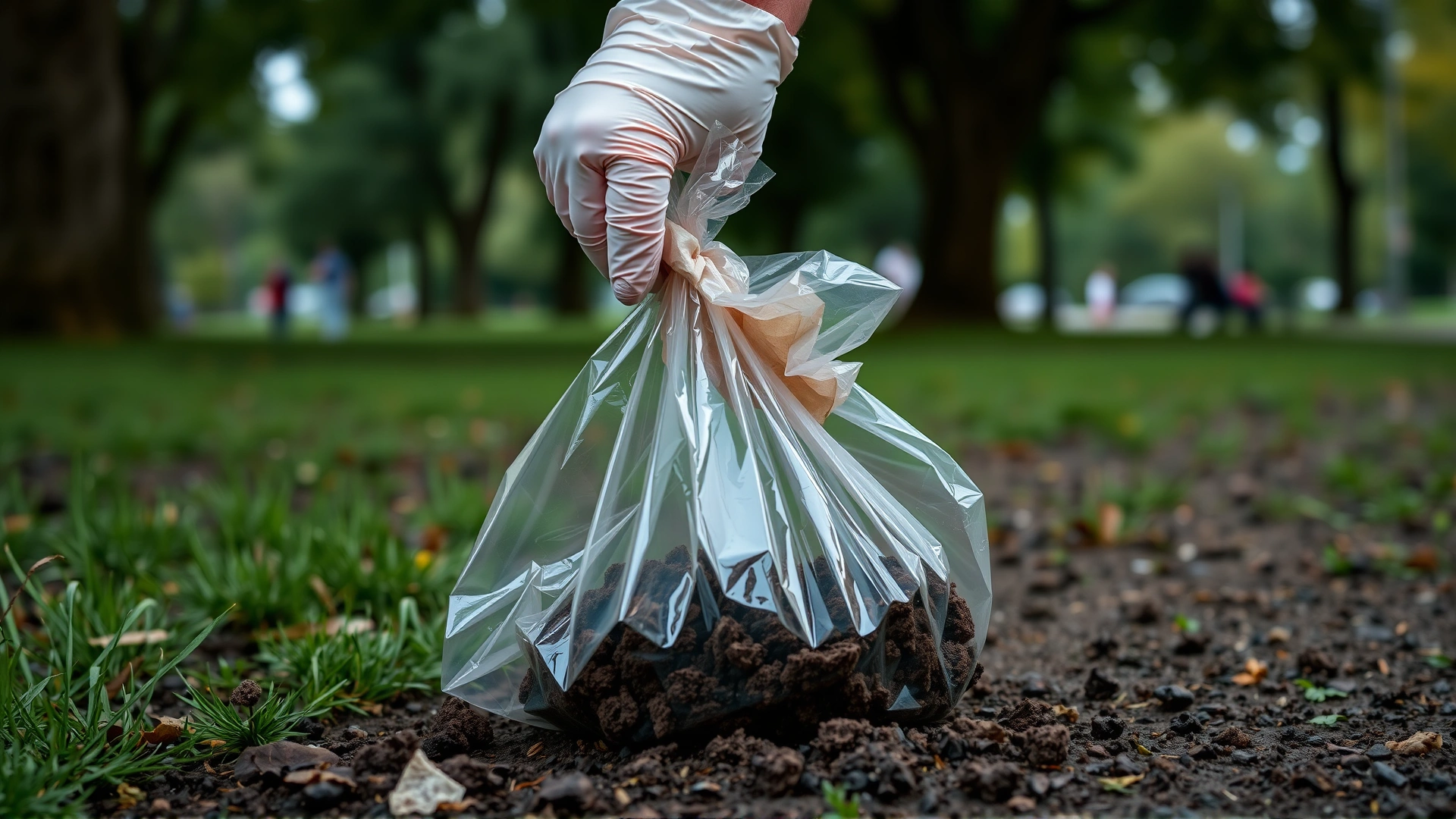 Human hand wearing a disposable glove picking up fresh dog stool with a plastic bag in a park setting