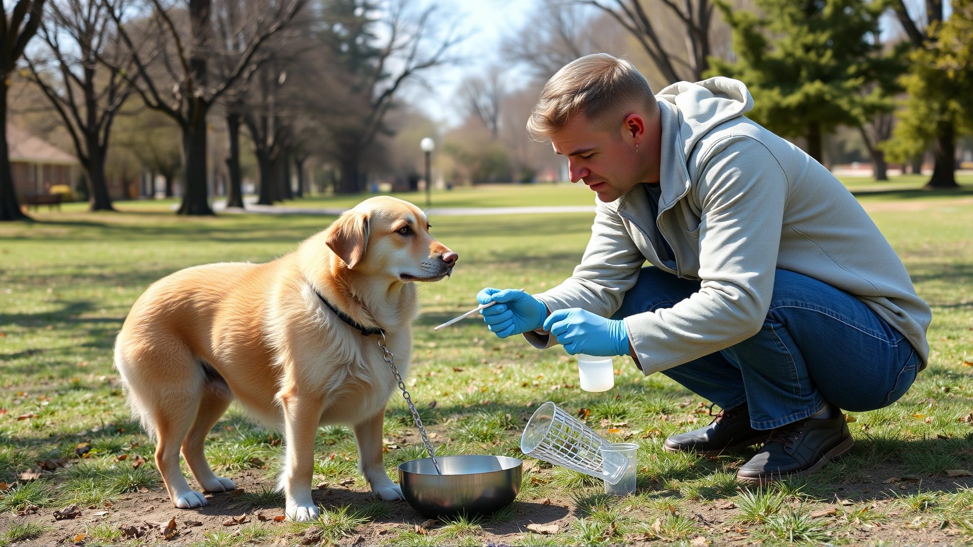 Dog owner crouching in a park collecting a urine sample from a medium-sized dog using a shallow ladle and sterile cup, sunny outdoor scene