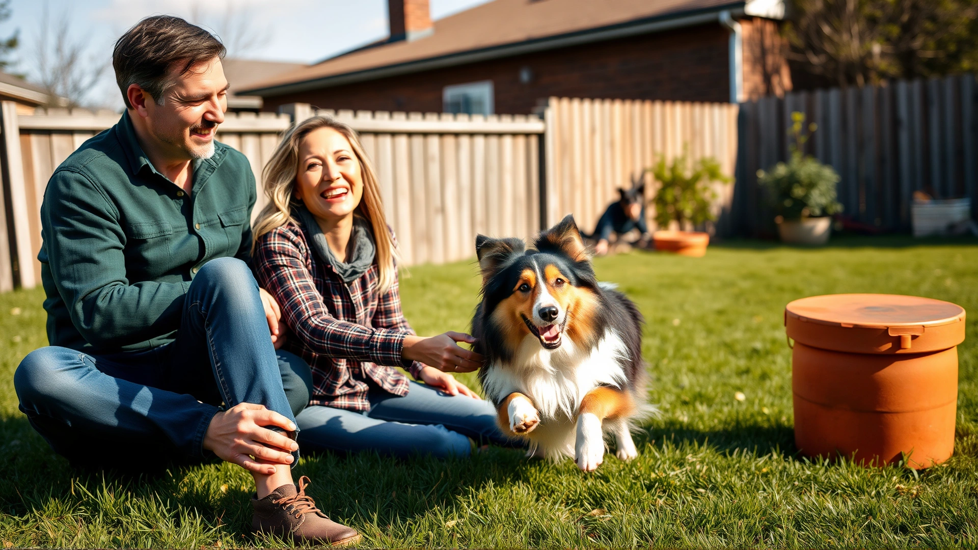 A cheerful family playing fetch with a rough-coated collie in a fenced backyard on a sunny day, candid lifestyle photo