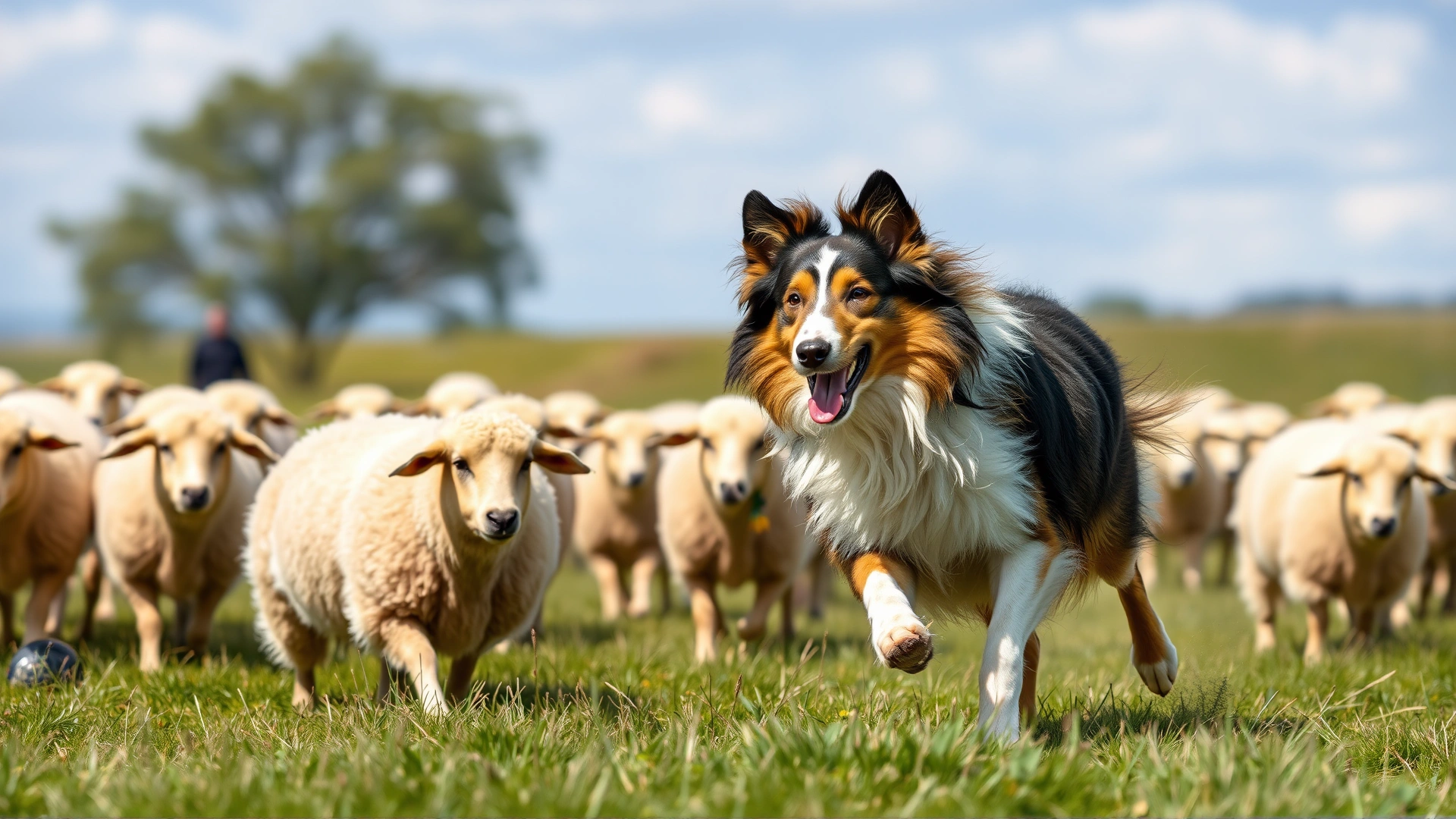A smooth-coated collie actively herding a small flock of sheep in an open field, action shot, daylight