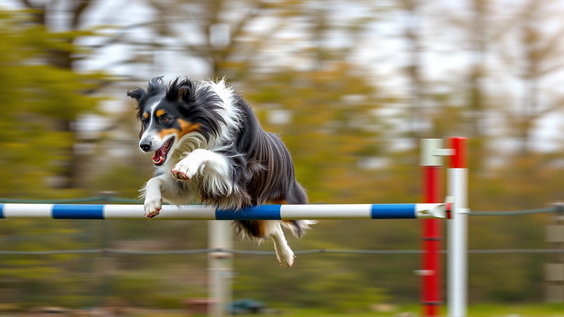 Action photo of a Bearded Collie mid-jump over an agility hurdle, capturing motion blur and focus, outdoor setting, high-resolution