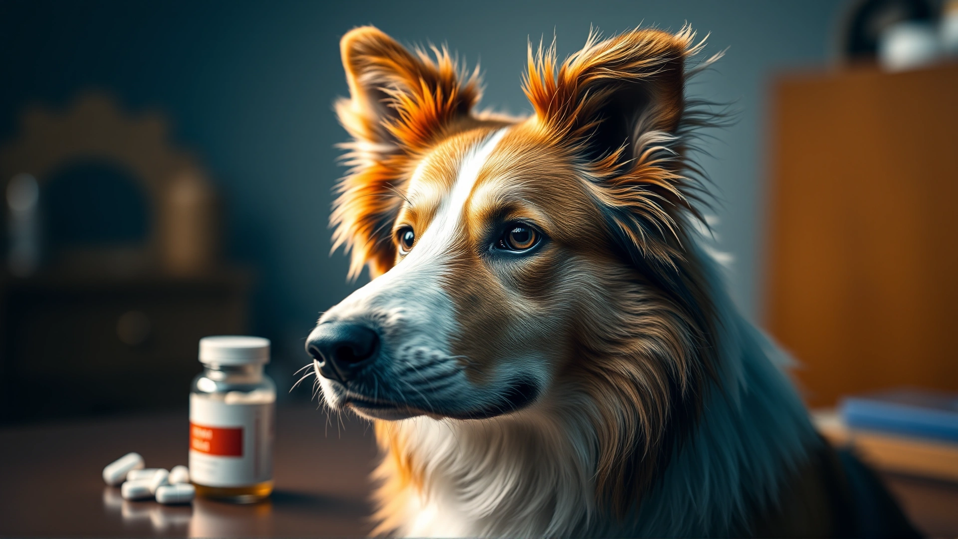 Portrait of a Collie dog looking worried with a small bottle of pills blurred in the background, dramatic side lighting