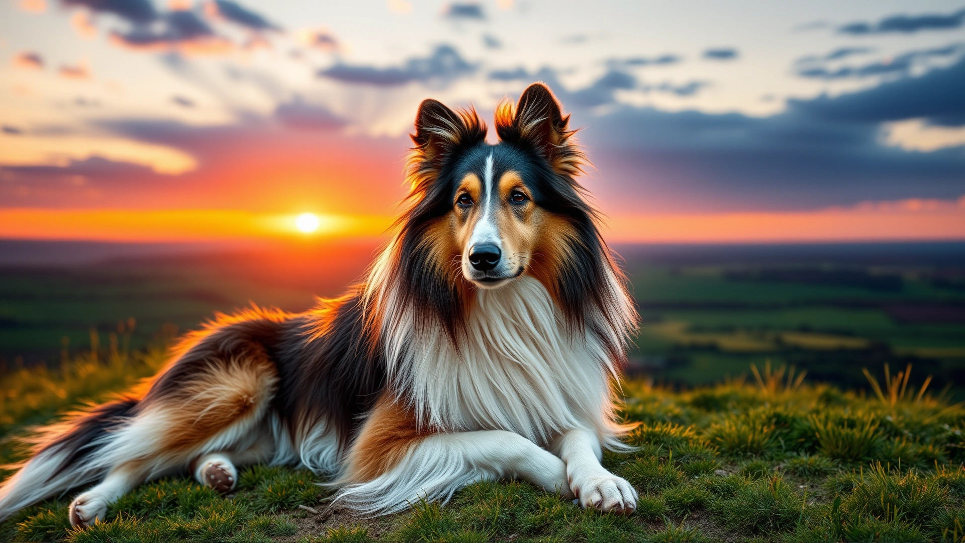 A Rough Collie lying on a hillside at sunset, overlooking rolling green plains.