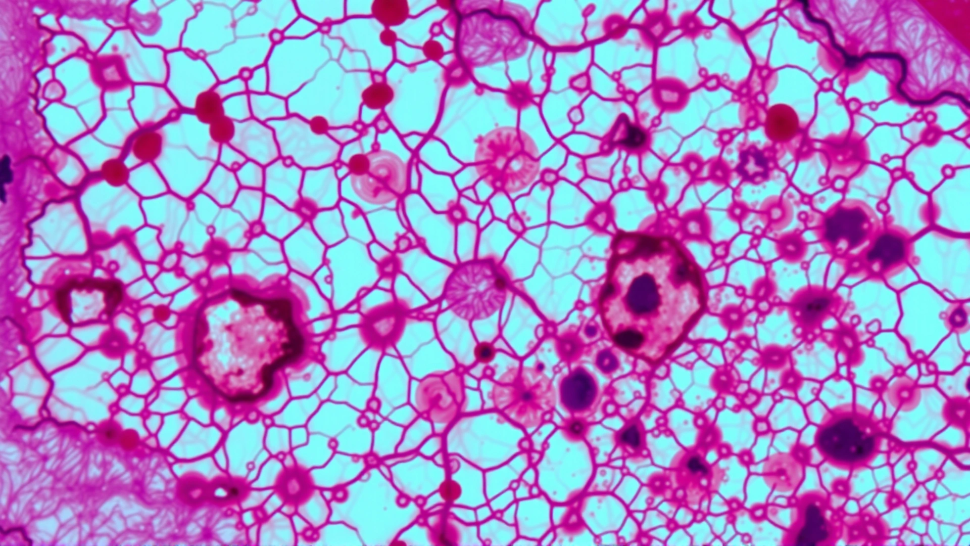 Microscopic view of stained feline colon tissue showing ulcerated areas and infiltrating histiocytes, scientific medical style