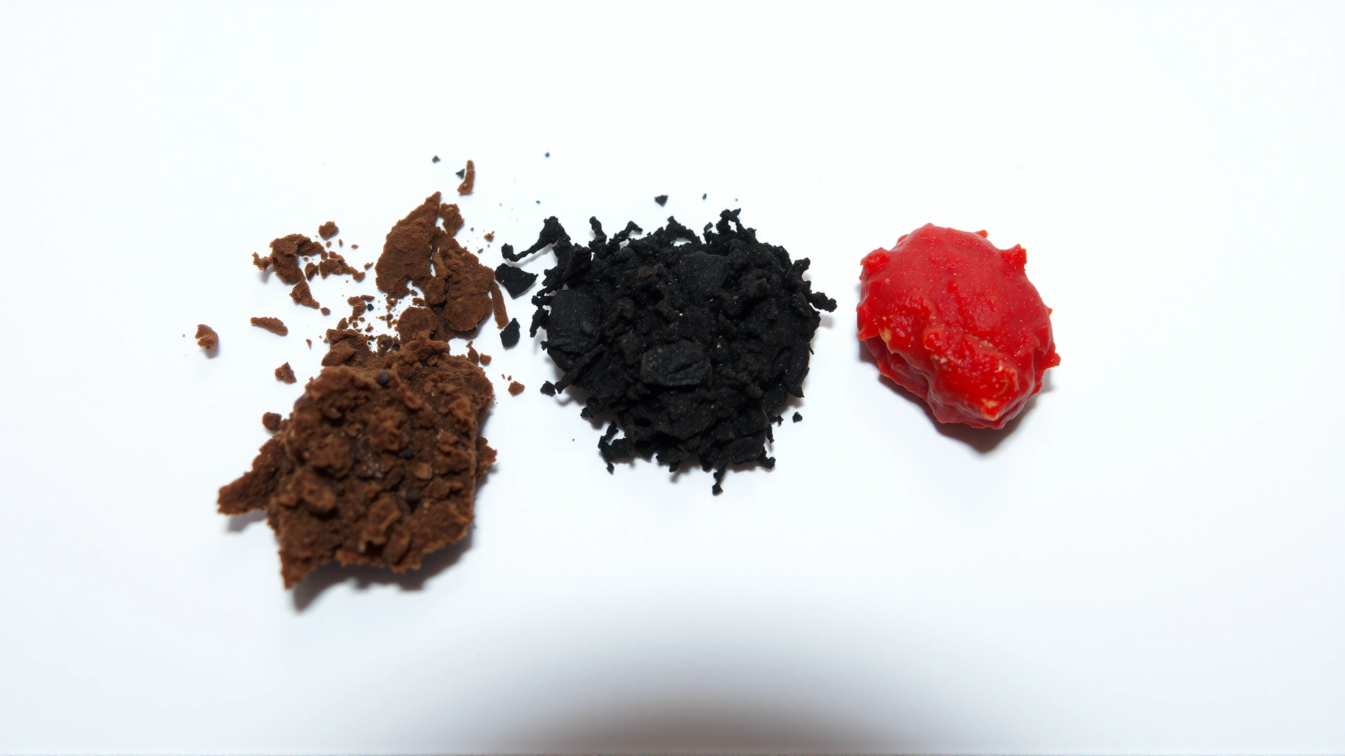 Neutral studio photo showing three cat feces samples of different colors (dark brown, black tarry, bright red) placed side by side on white paper, no text