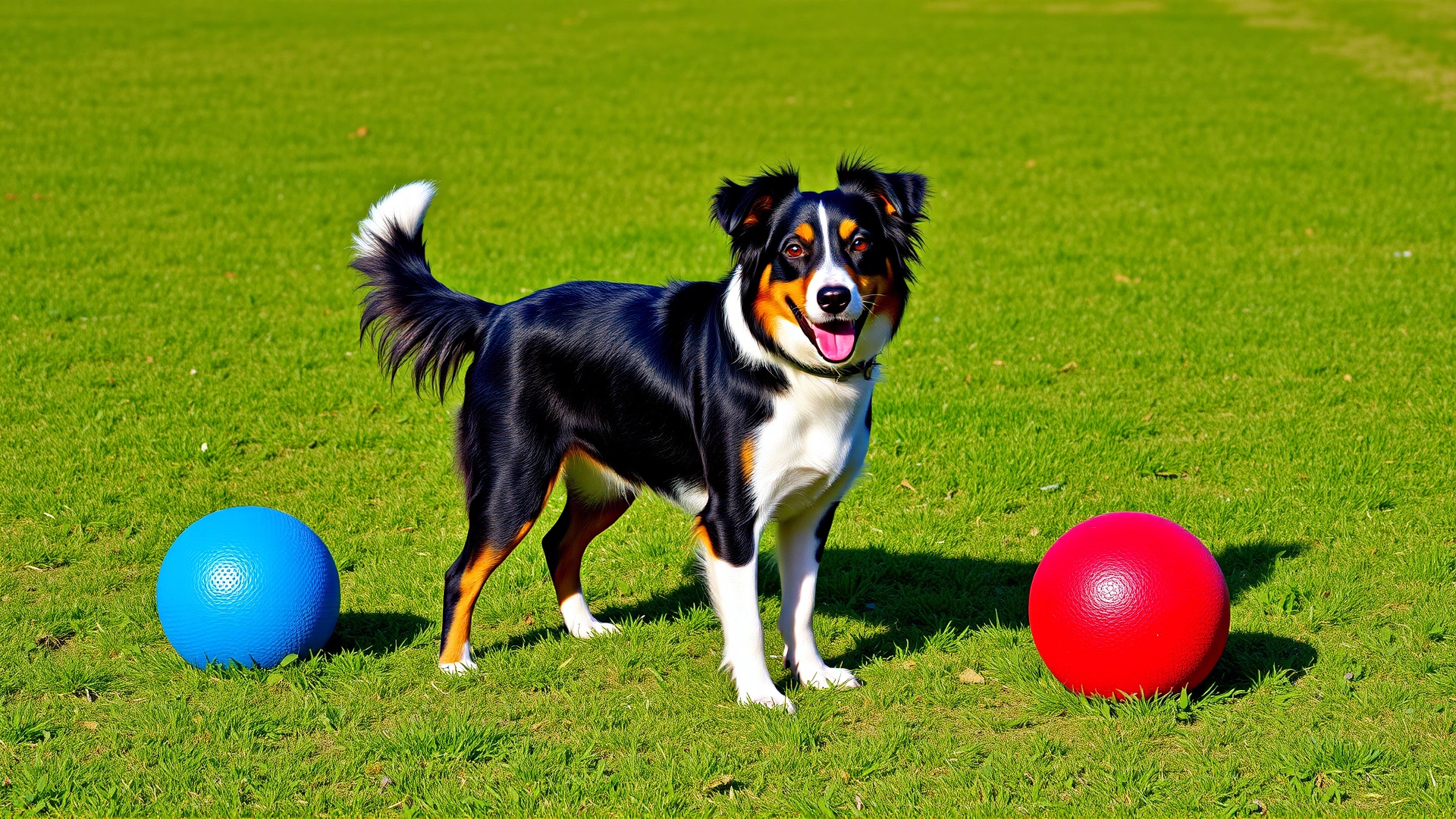Dog standing between a bright blue ball and a bright red ball on green grass, emphasis on color contrast, daylight, no text