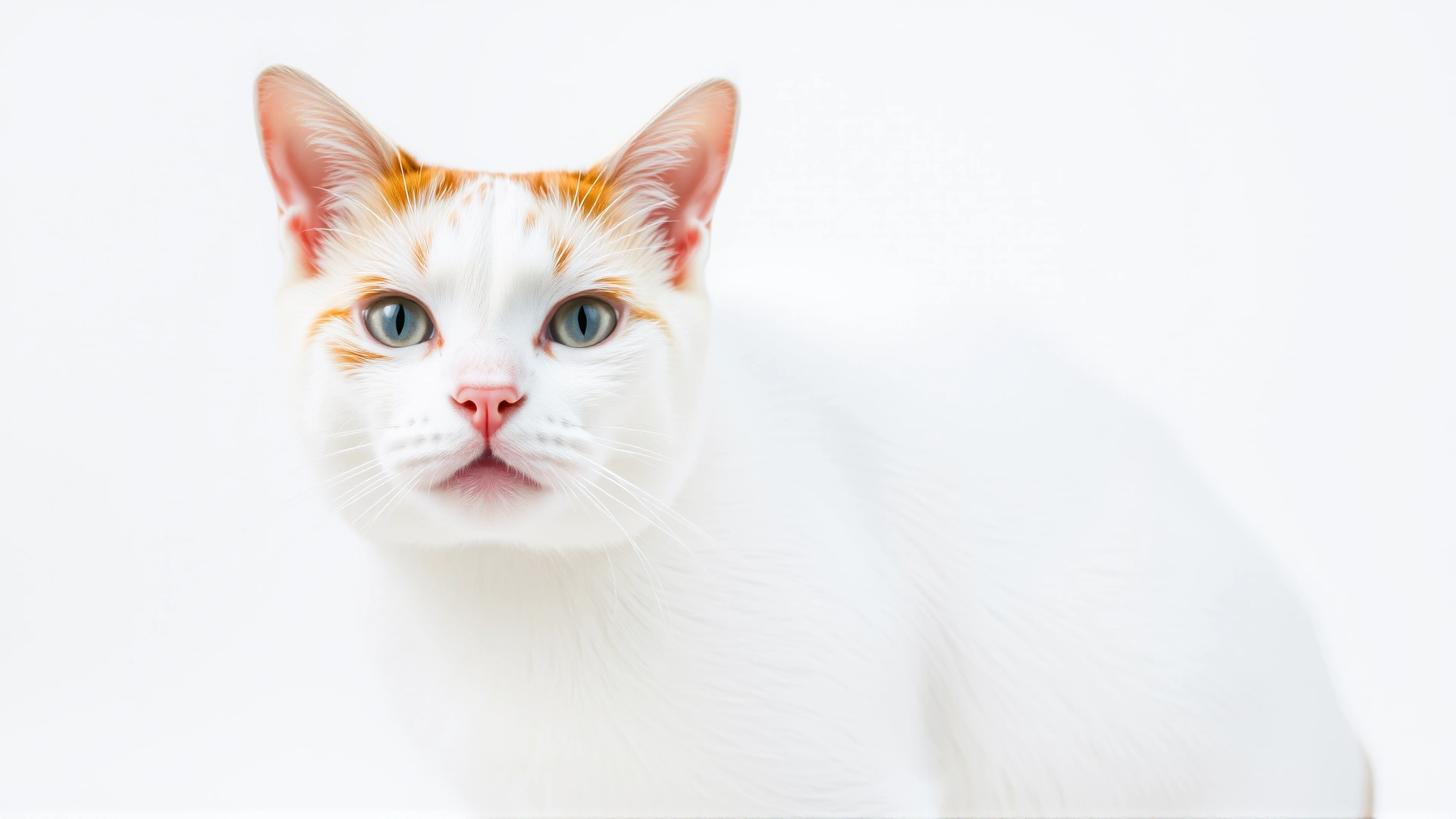 Close-up portrait of a Turkish Van cat highlighting the distinctive auburn markings on ears and tail against a pure white coat, studio lighting, white background