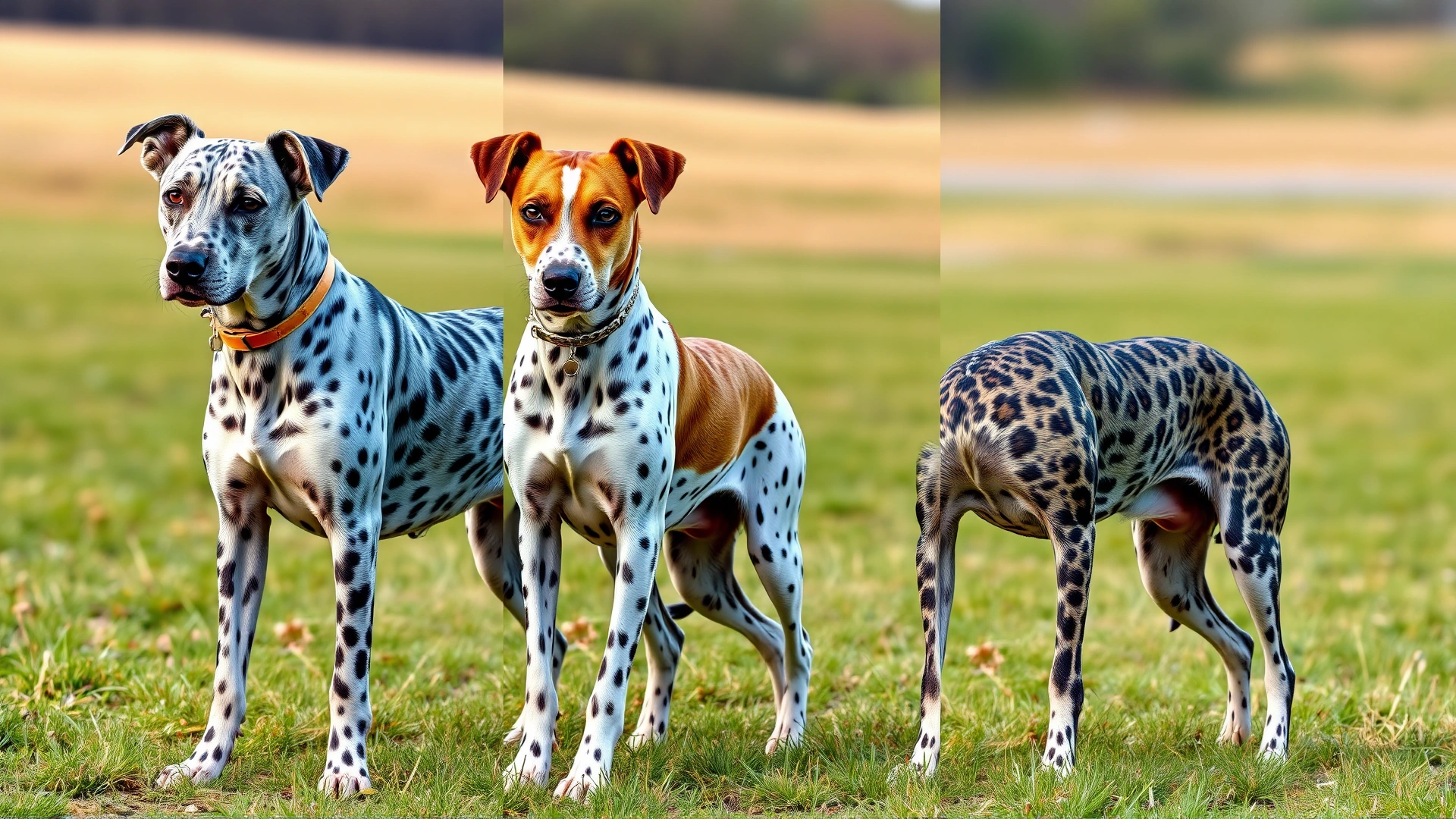 Side-by-side shot of three Catahoula Leopard Dogs exhibiting different coat patterns—blue merle, red merle, and brindle—standing in an open field.