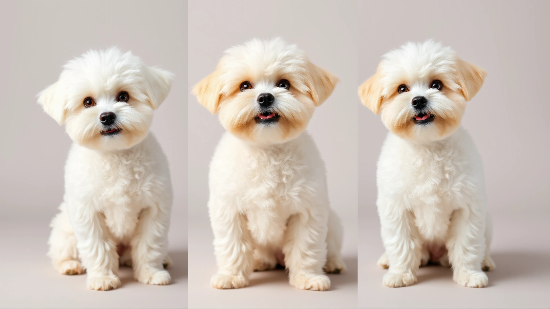Side-by-side collage showing three Bichon Frises with different coat shades (pure white, white & cream, white & apricot) on a neutral studio background.