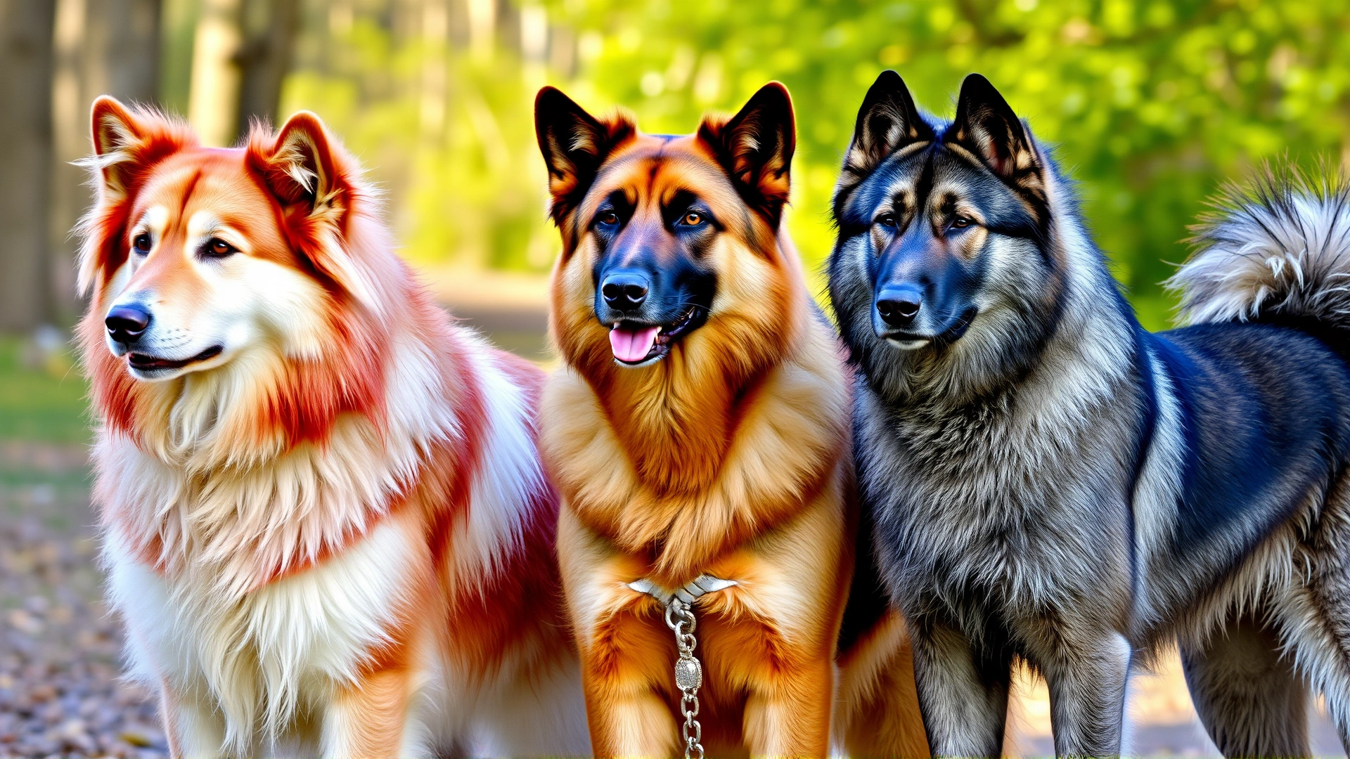 Three Eurasier dogs standing side by side outdoors, each displaying a different coat color (red, sable, wolf-gray) for comparison