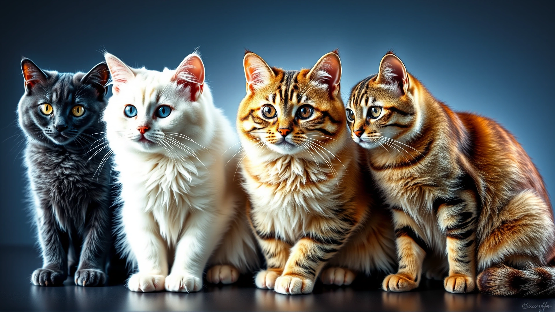 Collage style image showing three British Shorthair cats in different coat colors (blue, cream, and tabby) sitting side by side, studio lighting.