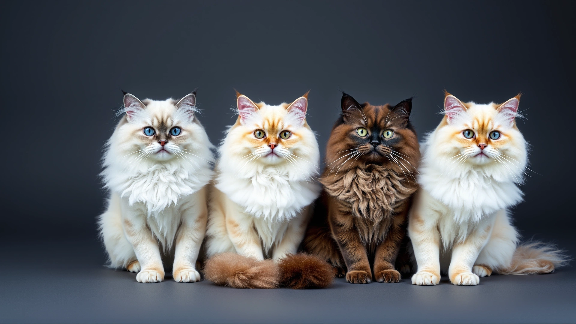 Row of four Himalayan cats sitting side by side, each displaying a different colorpoint variation (seal, blue, chocolate, and lilac) against a minimalist studio backdrop.