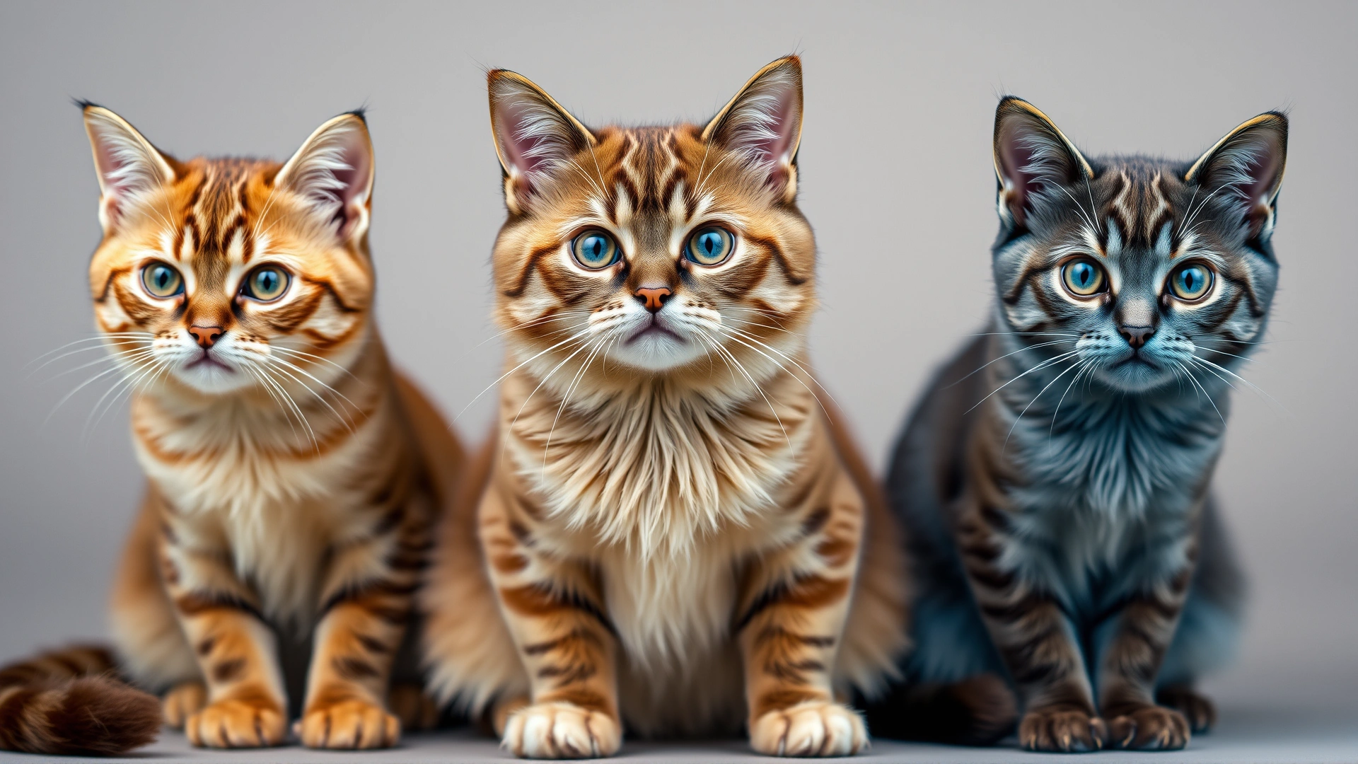 Three Ocicats of different coat colors (tawny, chocolate, blue) sitting side by side against a neutral backdrop for clear comparison.