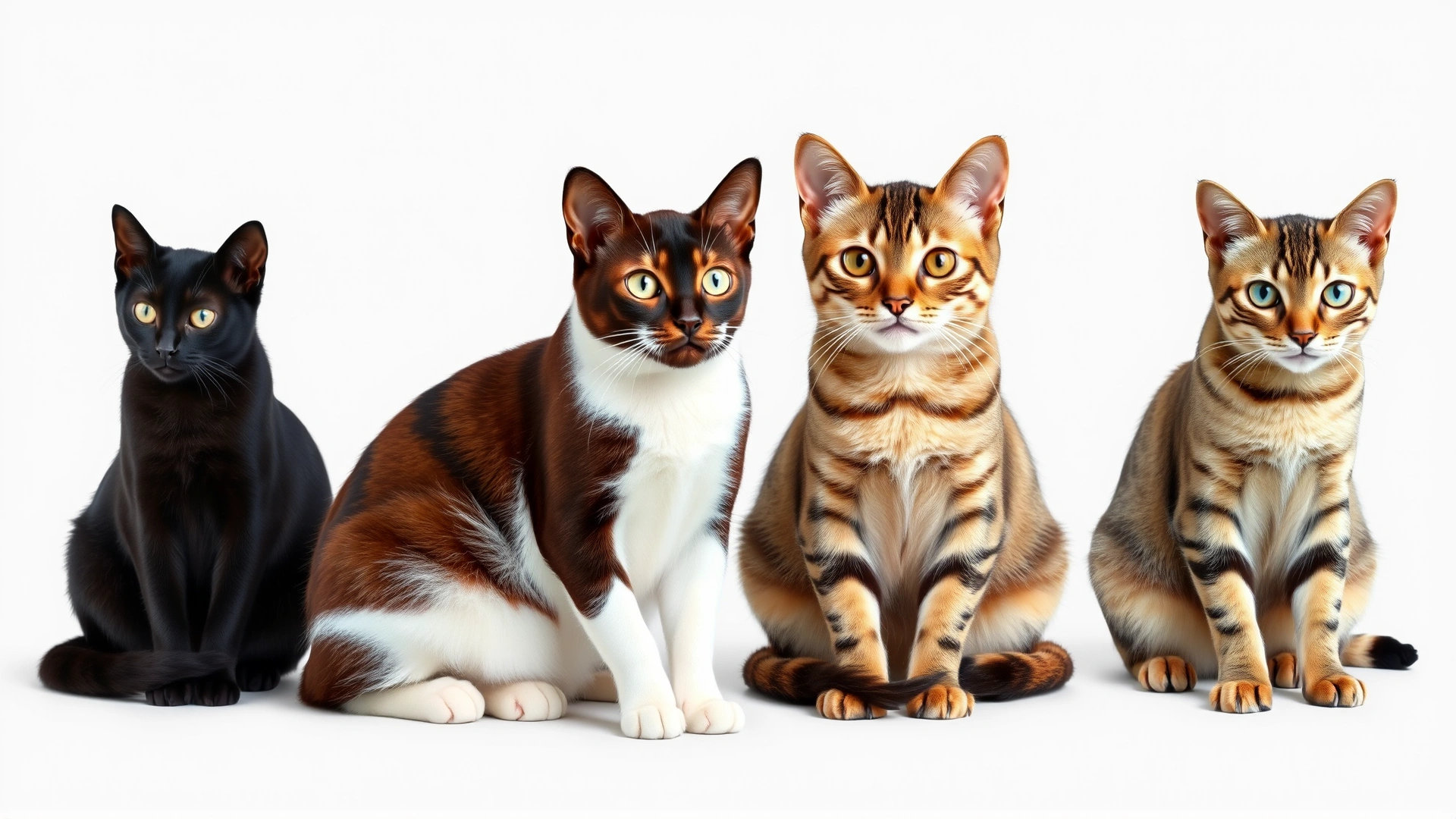 Side-by-side image of three Oriental Shorthair cats in different coat patterns (solid ebony, chocolate-and-white bicolor, and classic tabby) sitting on a plain light background