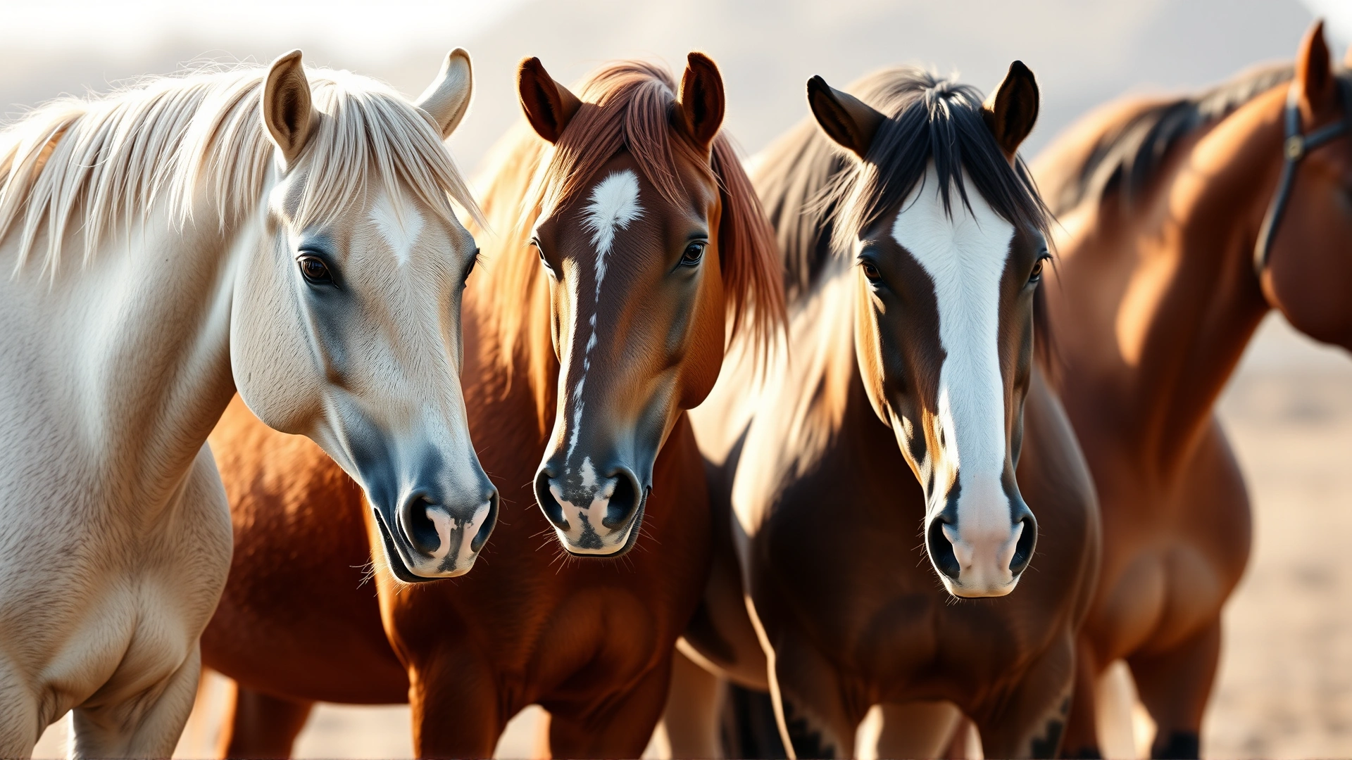 Lineup of different colored mustang horses (bay, palomino, grulla, pinto, roan) standing side by side in soft natural light to highlight coat variations