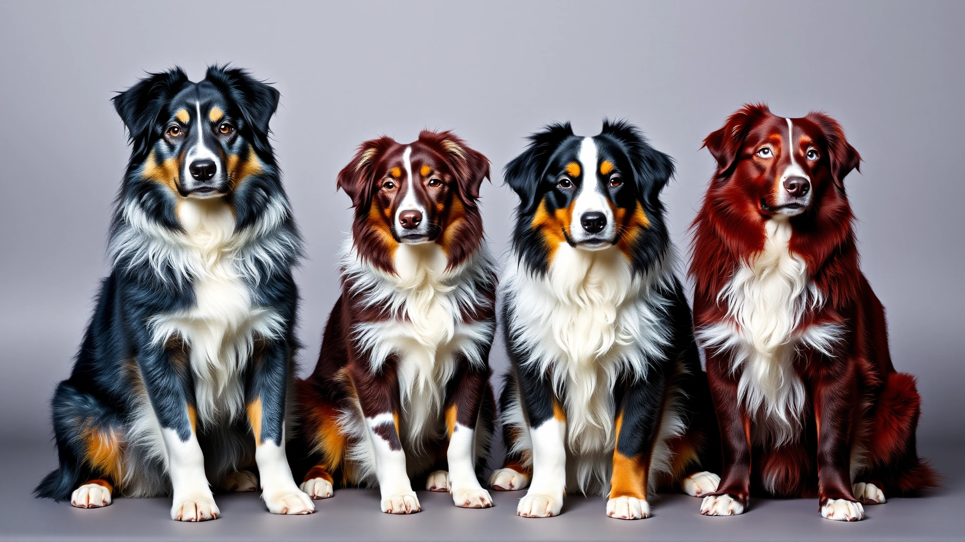 Four Australian Shepherds sitting side by side, each displaying a different coat color (blue merle, red merle, black tri, red tri), neutral backdrop, studio lighting.