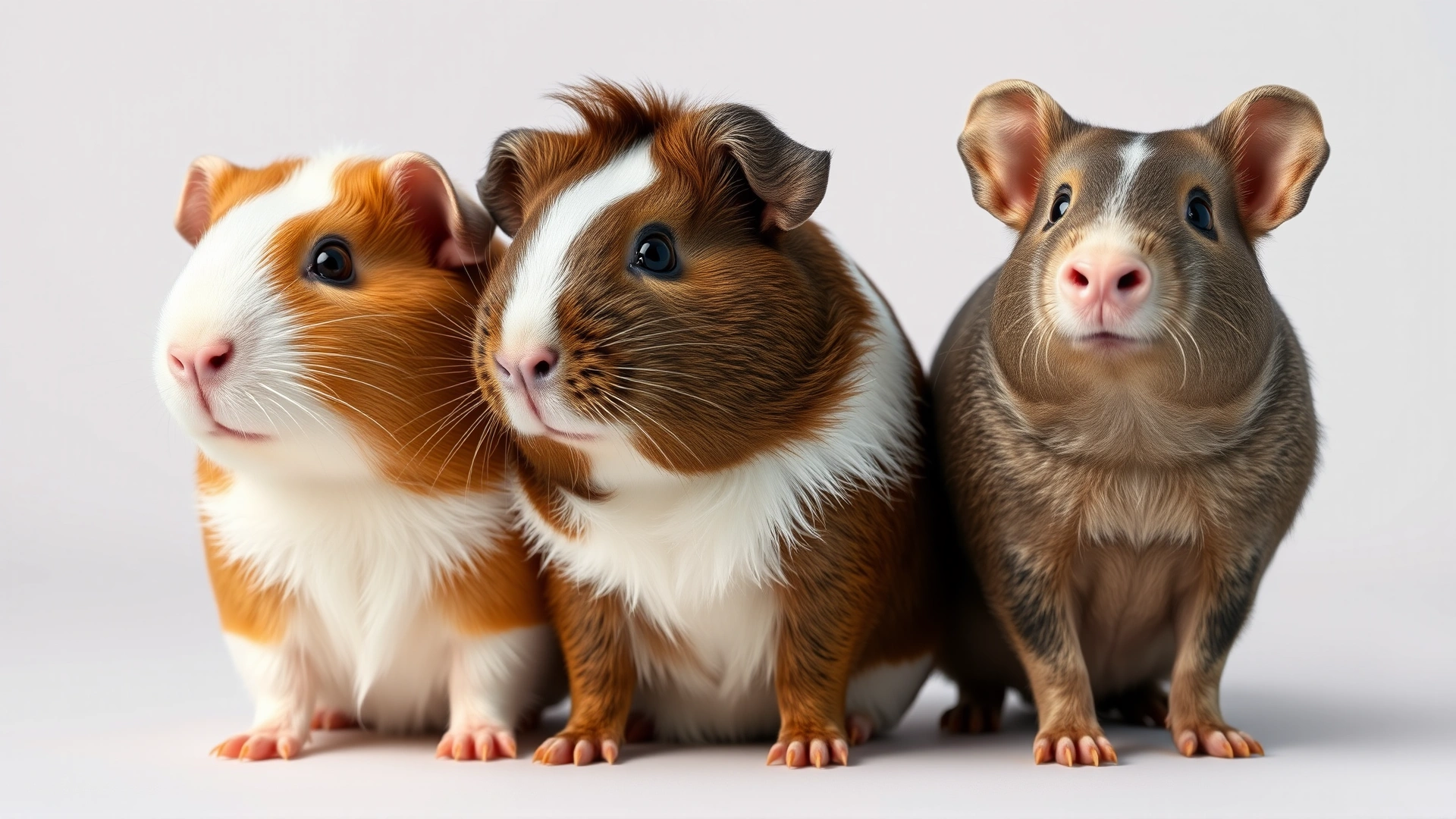 Side-by-side portrait setup of three distinct guinea pig breeds (Abyssinian, Peruvian, and Skinny Pig) on neutral backgrounds to highlight physical differences