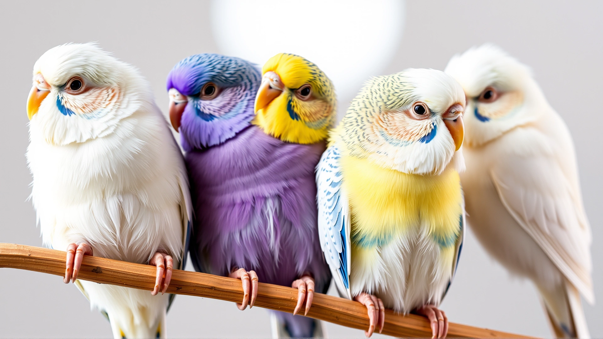 Multiple budgerigars of different color mutations (blue, yellow, violet, white) sitting together on a perch, studio lighting, high detail, no text