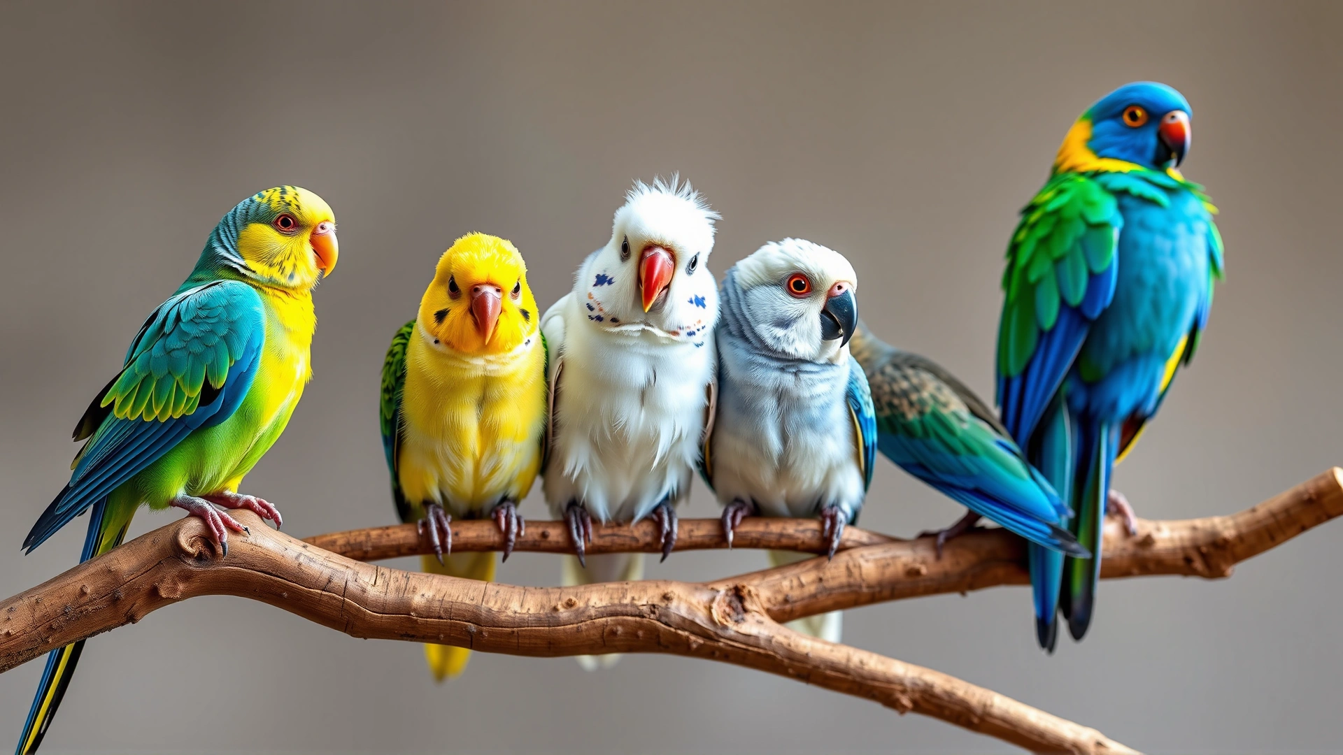 Colorful array of different pet birds (budgie, cockatiel, lovebird, canary, macaw) sitting together on a natural branch against a soft blurred background, natural lighting, high resolution, no text
