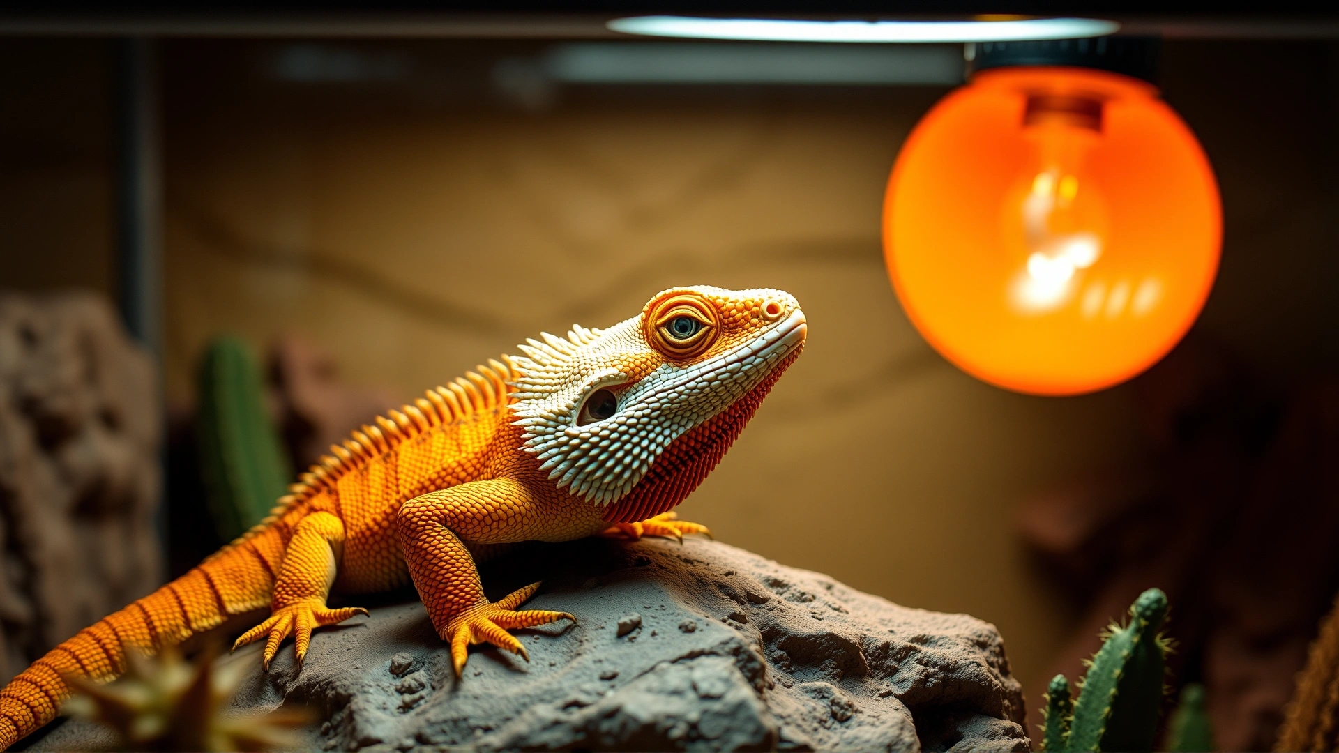 Vibrant bearded dragon basking under a heat lamp on desert-style terrarium decor, detailed scales in focus