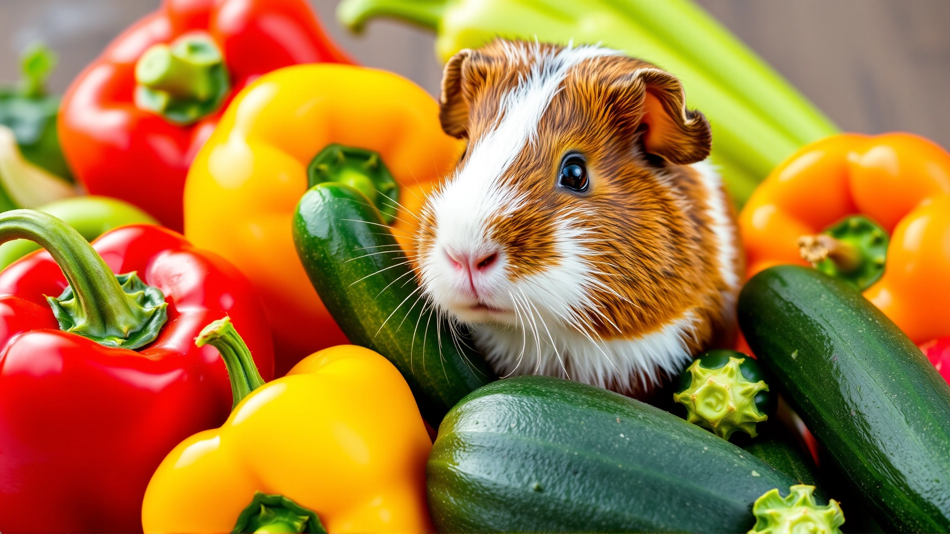 Vibrant array of guinea-pig-safe vegetables—red, yellow, and green bell peppers, cucumber, zucchini—arranged beside a curious guinea pig.