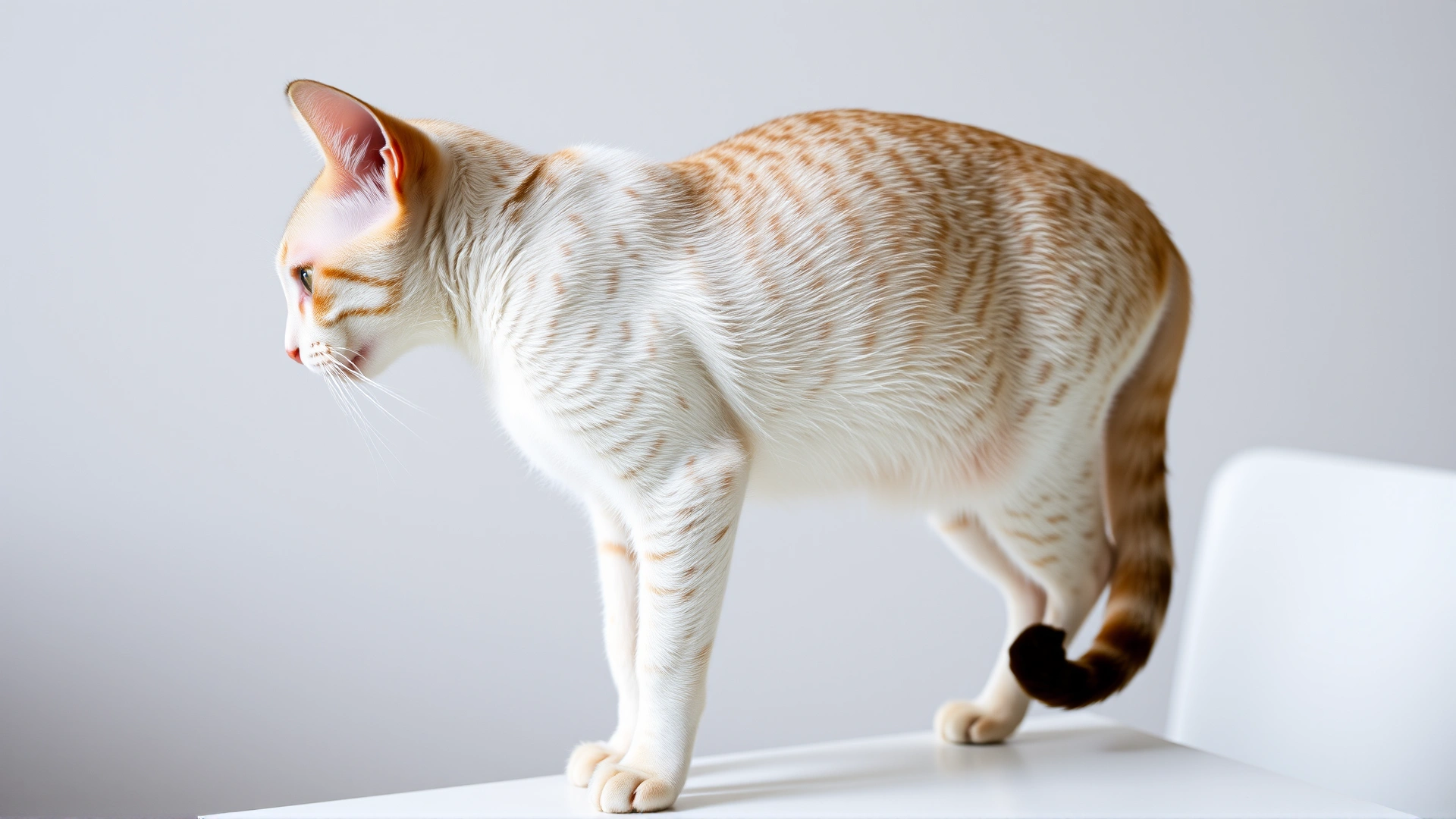 Close-up side profile of a Colorpoint Shorthair cat standing on a white table, highlighting body proportions, slim legs, and tail.