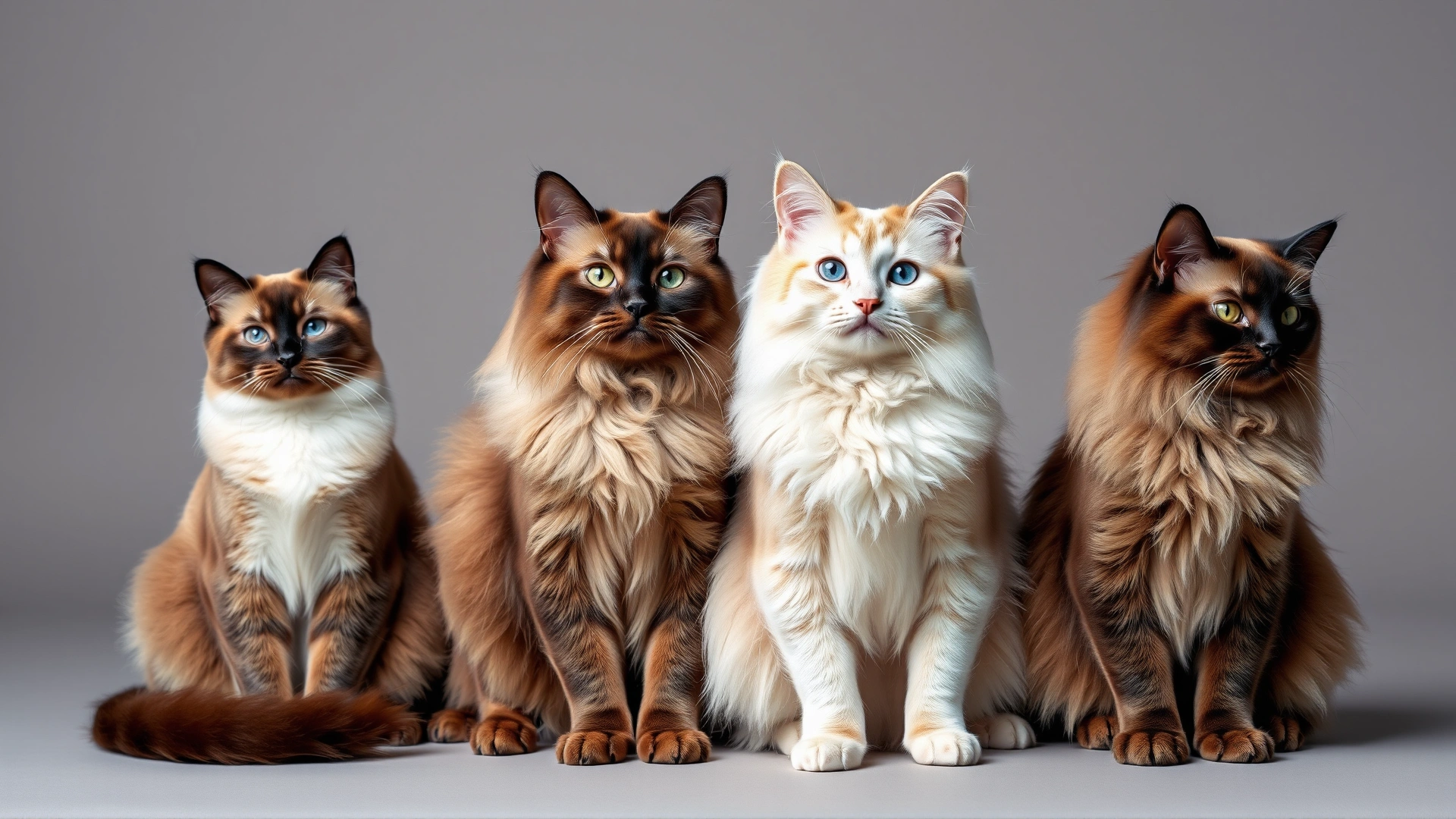 Line-up of four Balinese cats sitting side by side, each displaying a different point color: seal, blue, chocolate and lilac, on a neutral studio backdrop.