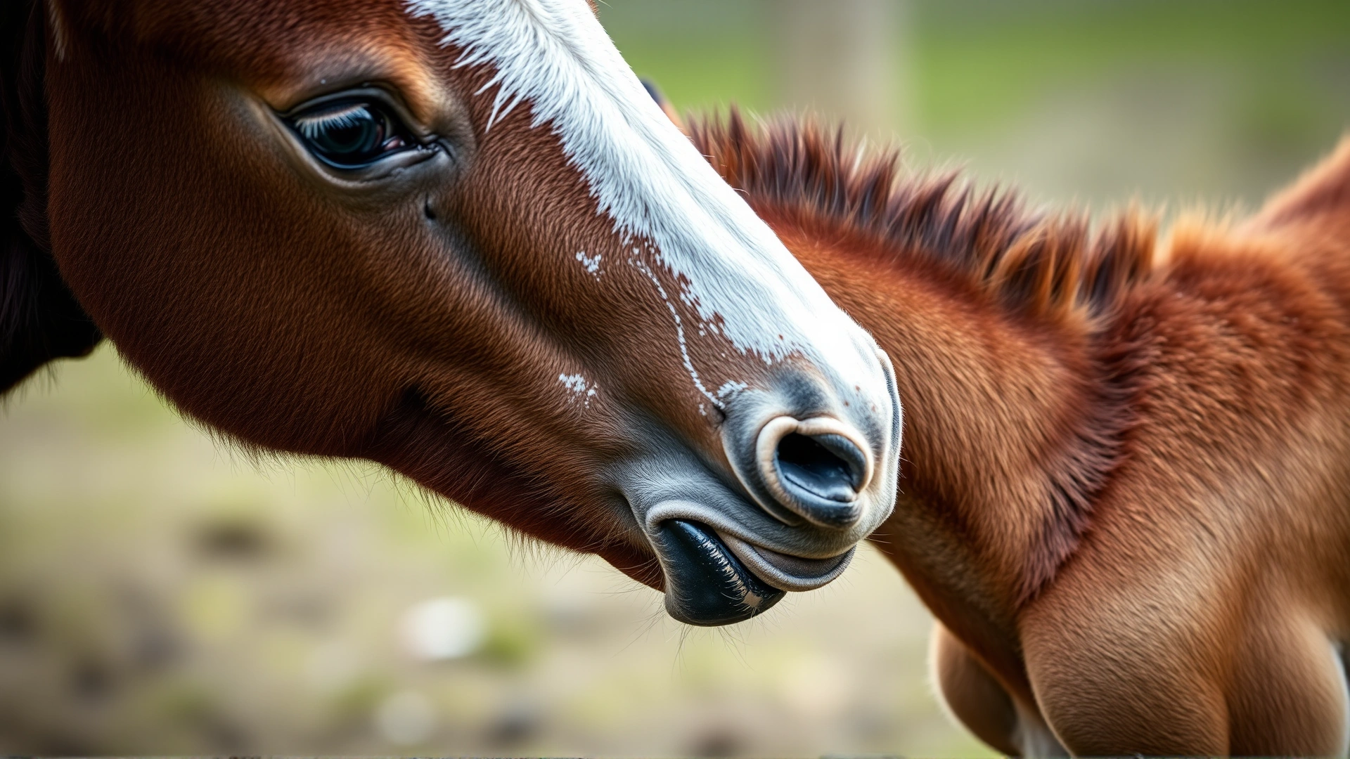Macro shot of a foal nursing colostrum from its mother, highlighting the bonding moment, soft focus