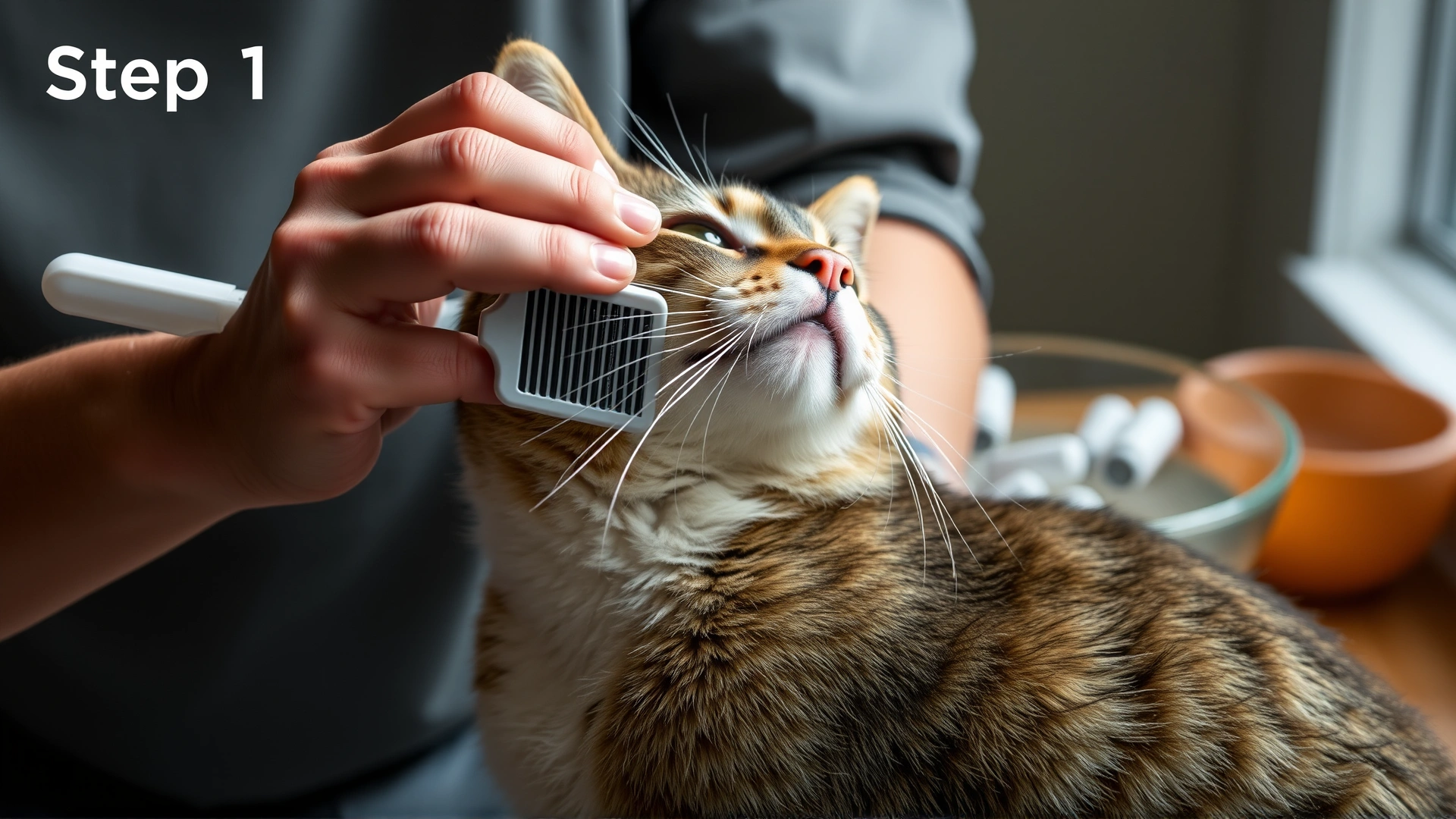 Step-by-step action photo of a person combing a tabby cat’s neck area with a flea comb, bowl of soapy water visible in the background.