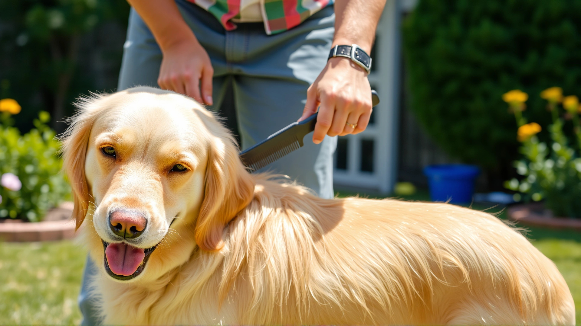 Owner wearing casual clothes combing the back of a golden retriever with a flea comb in a garden on a sunny day; dog looks relaxed and content.
