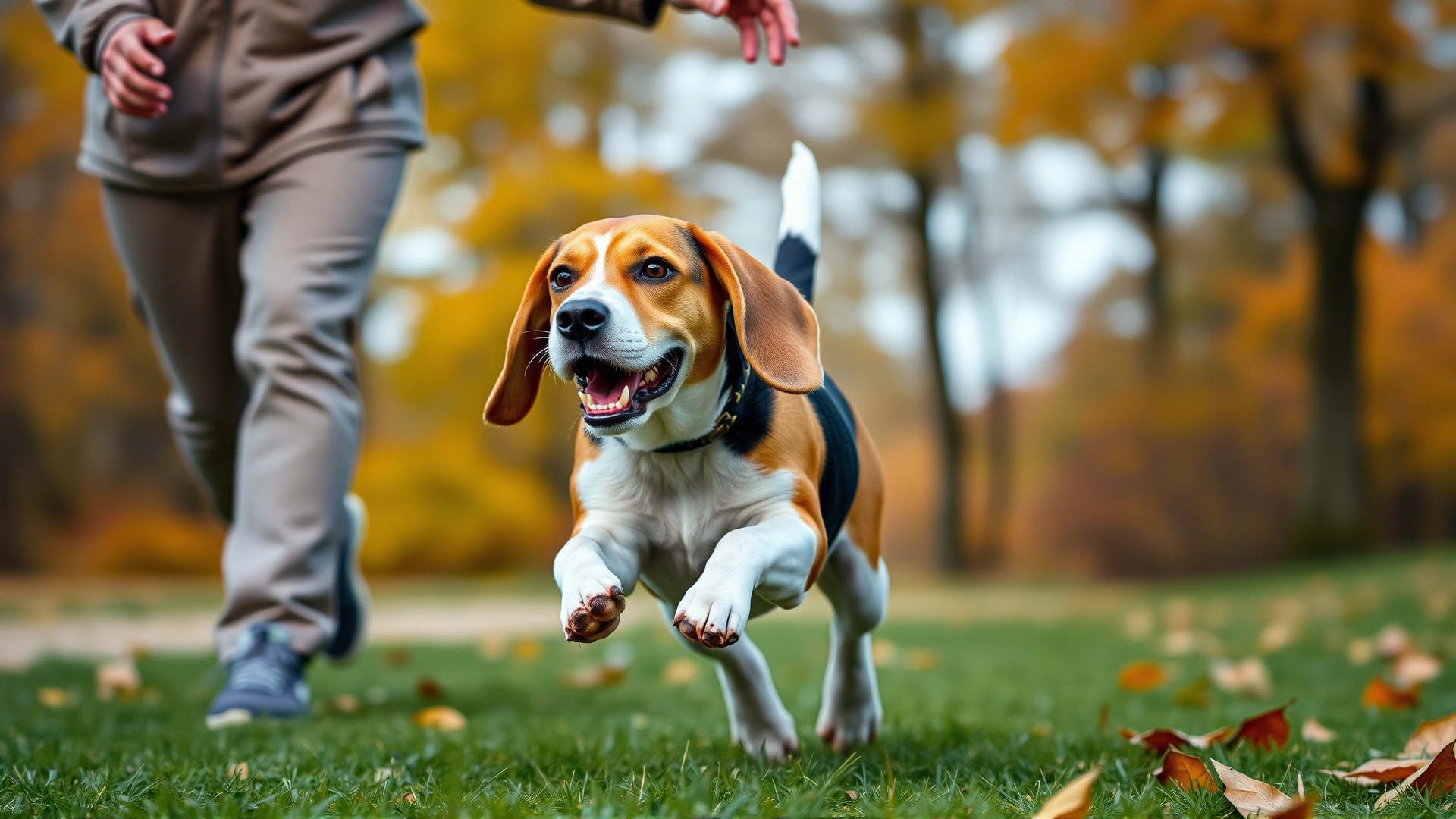 Action shot of a beagle sprinting toward the camera as the trainer sweeps arm inward, autumn park setting.