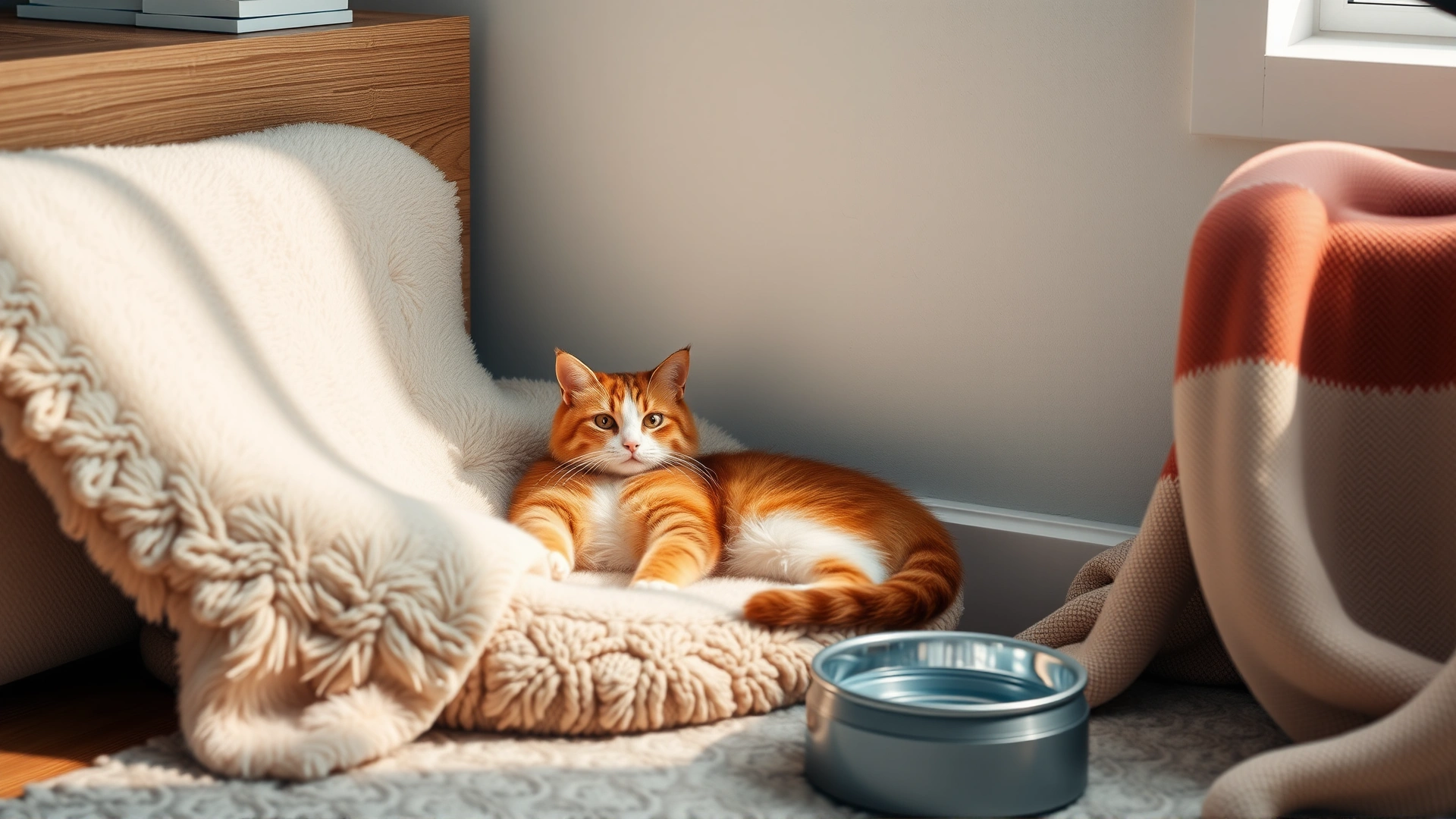 A quiet corner of a home with a plush cat bed, soft blanket, and a water bowl, representing a comfortable environment.
