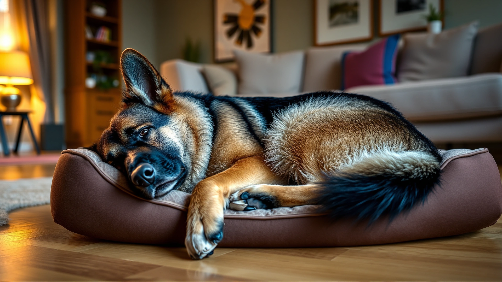 Senior German Shepherd curled comfortably on an orthopedic memory-foam dog bed in a cozy living room, warm ambient lighting