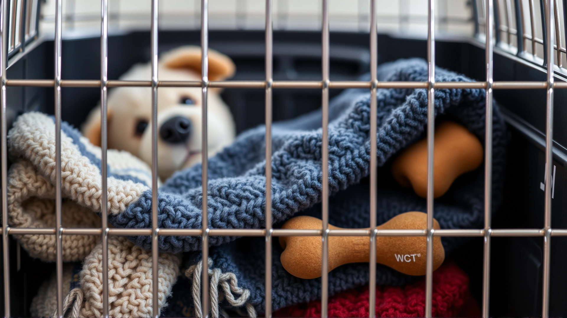 Close-up of a cozy blanket and a chew toy arranged neatly inside an empty travel crate.