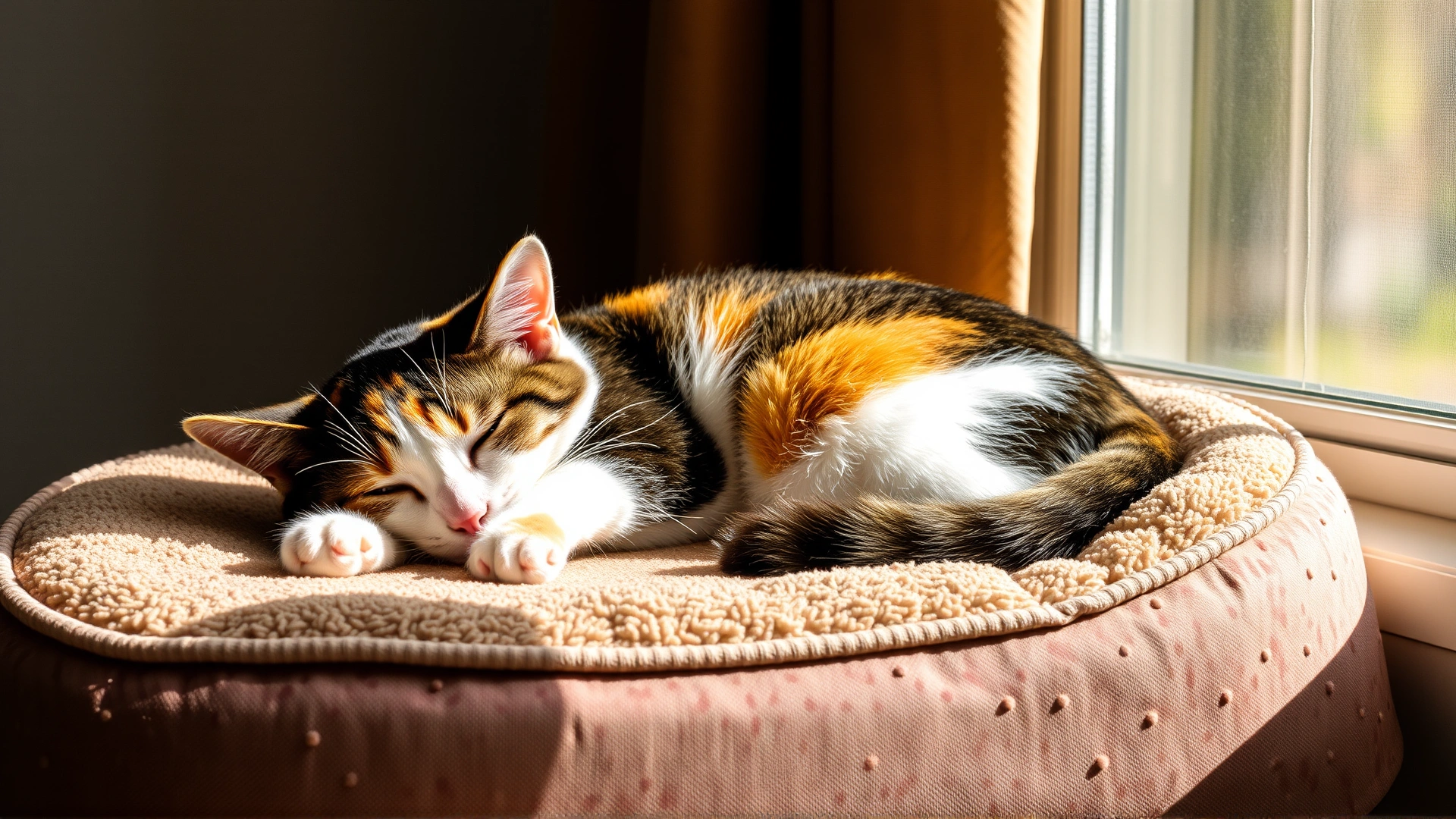 Senior calico cat sleeping peacefully on a plush orthopedic pet bed near a sunny window, emphasizing comfort and security.